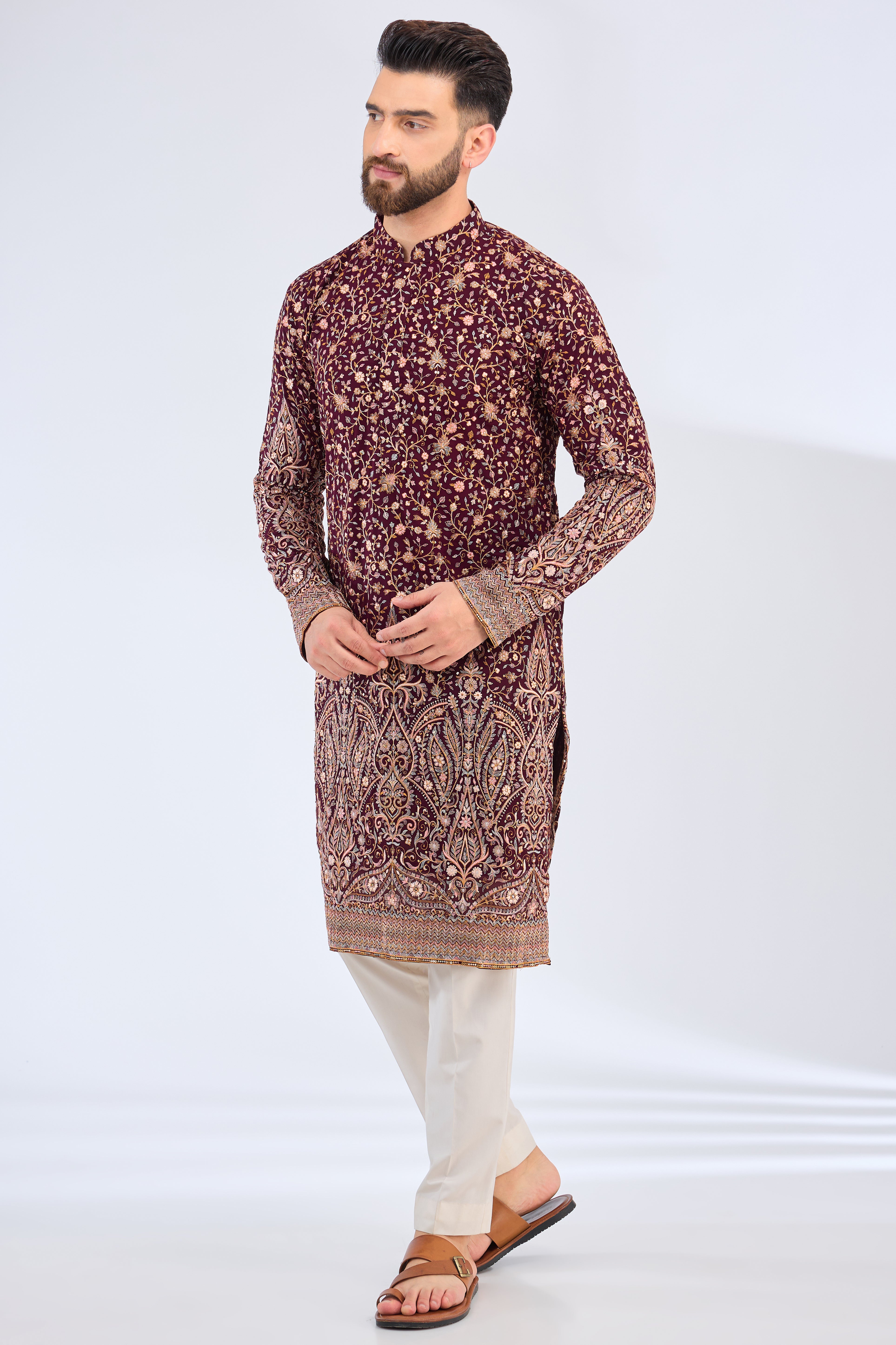 wine thread work kurta with detailed ghera embroidery - kasbahmen