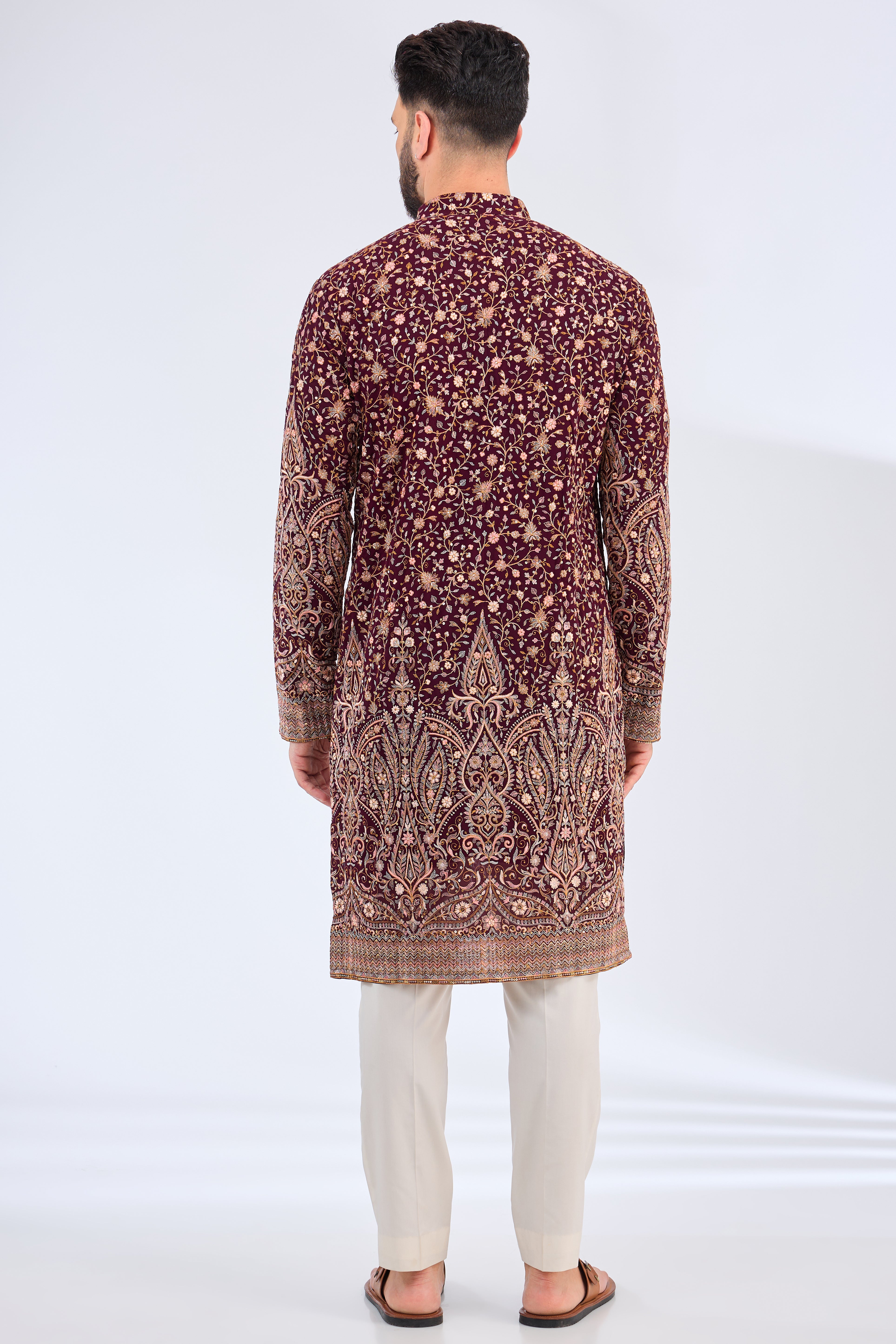 wine thread work kurta with detailed ghera embroidery - kasbahmen