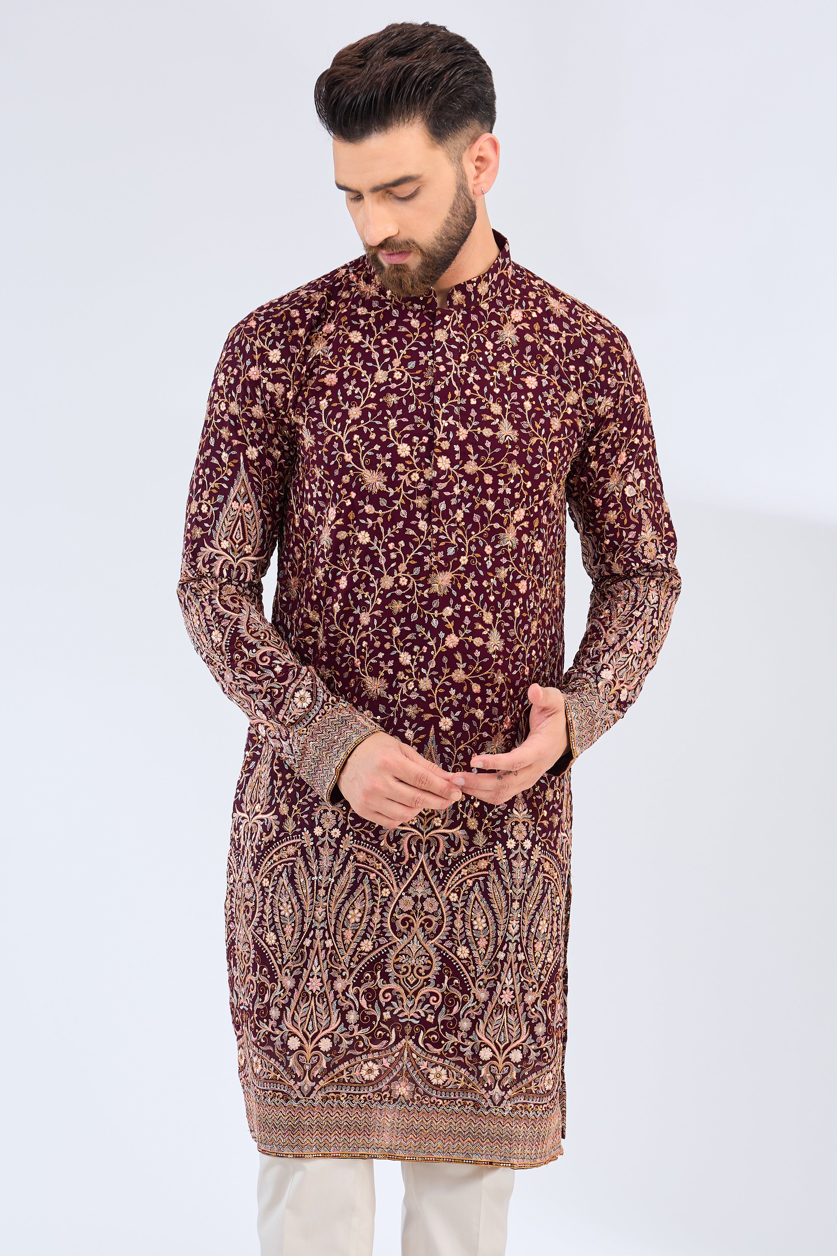 wine thread work kurta with detailed ghera embroidery - kasbahmen