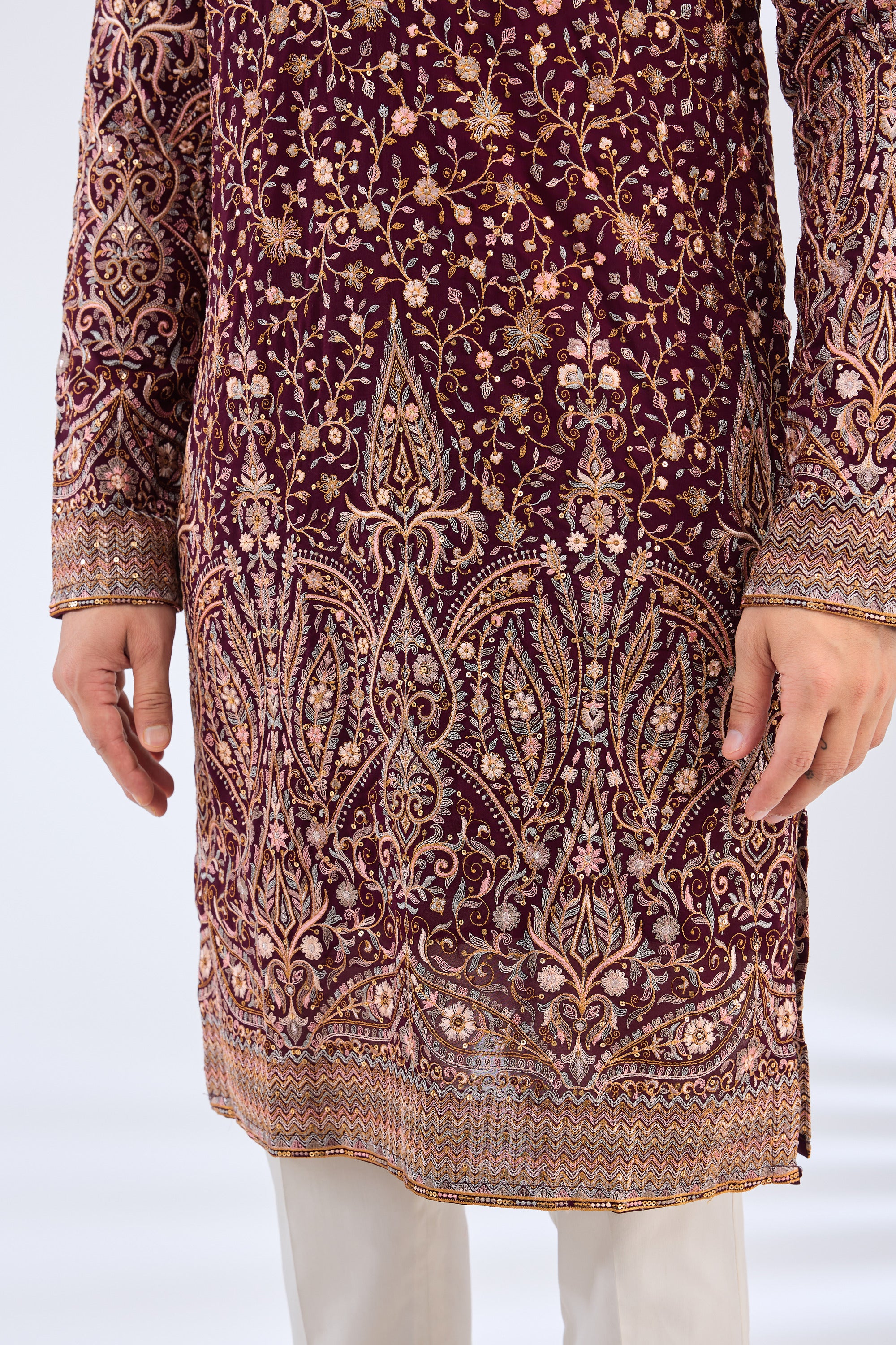 wine thread work kurta with detailed ghera embroidery - kasbahmen