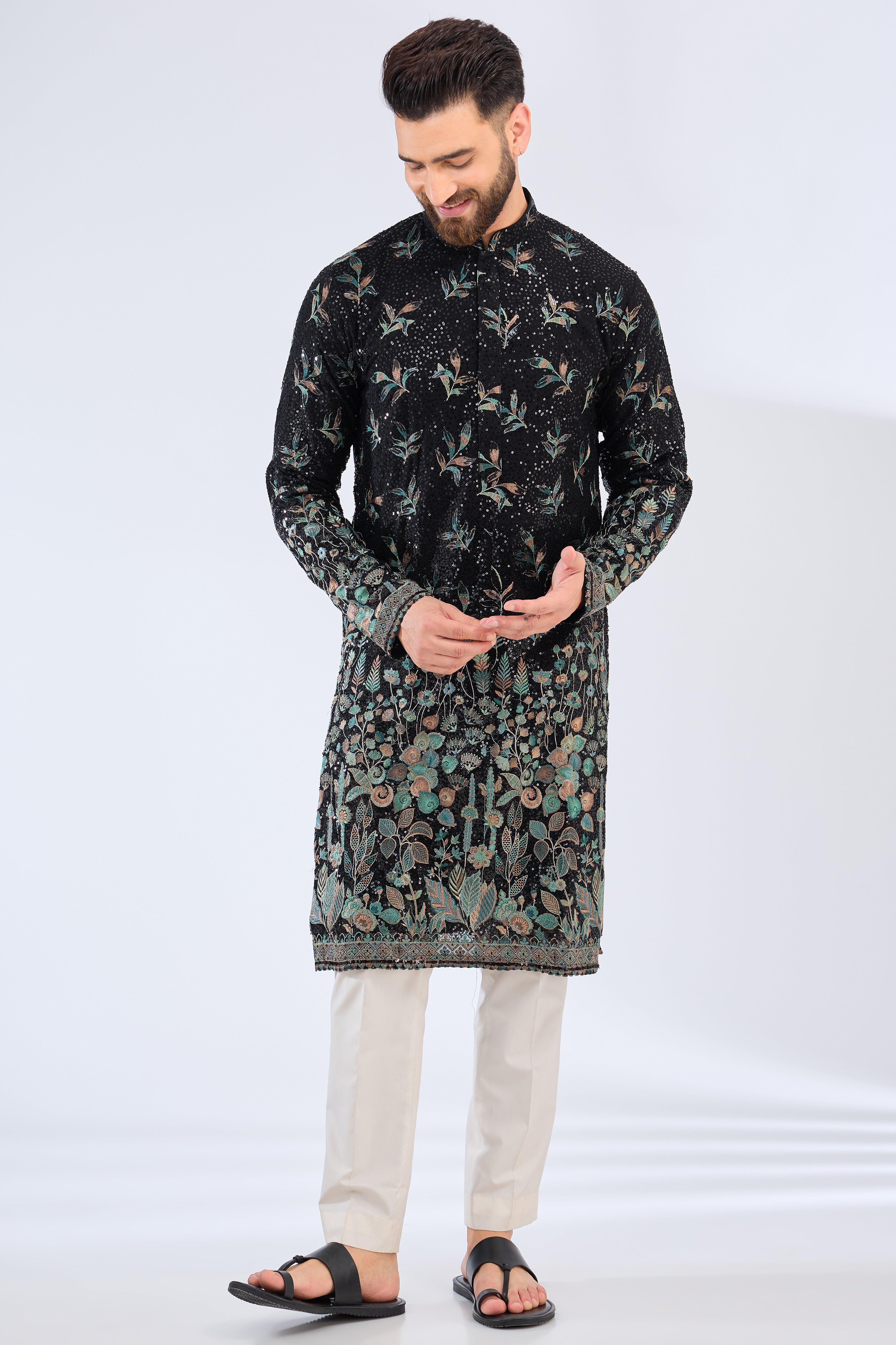 black sequined kurta with intricate floral embroidery - kasbahmen