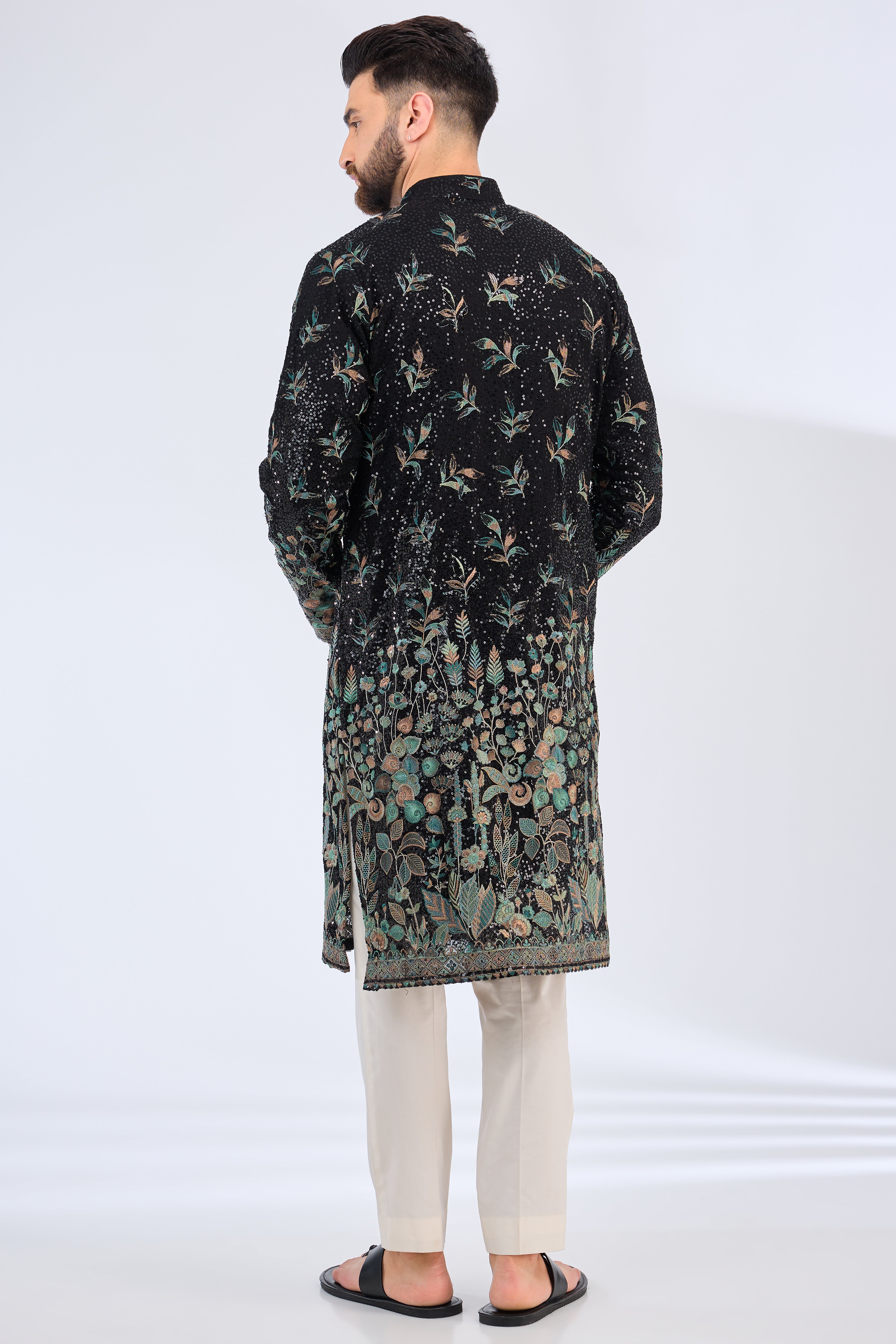 black sequined kurta with intricate floral embroidery - kasbahmen