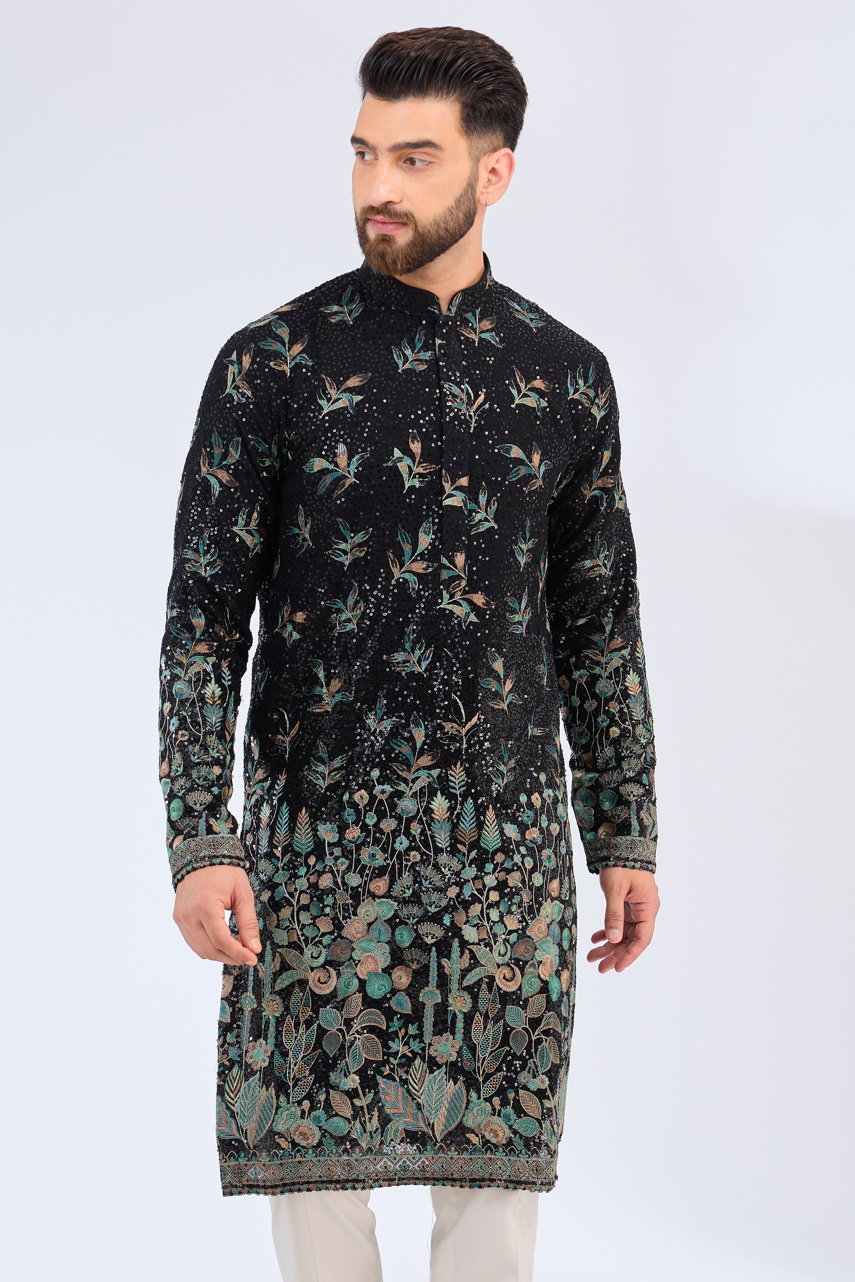 black sequined kurta with intricate floral embroidery - kasbahmen