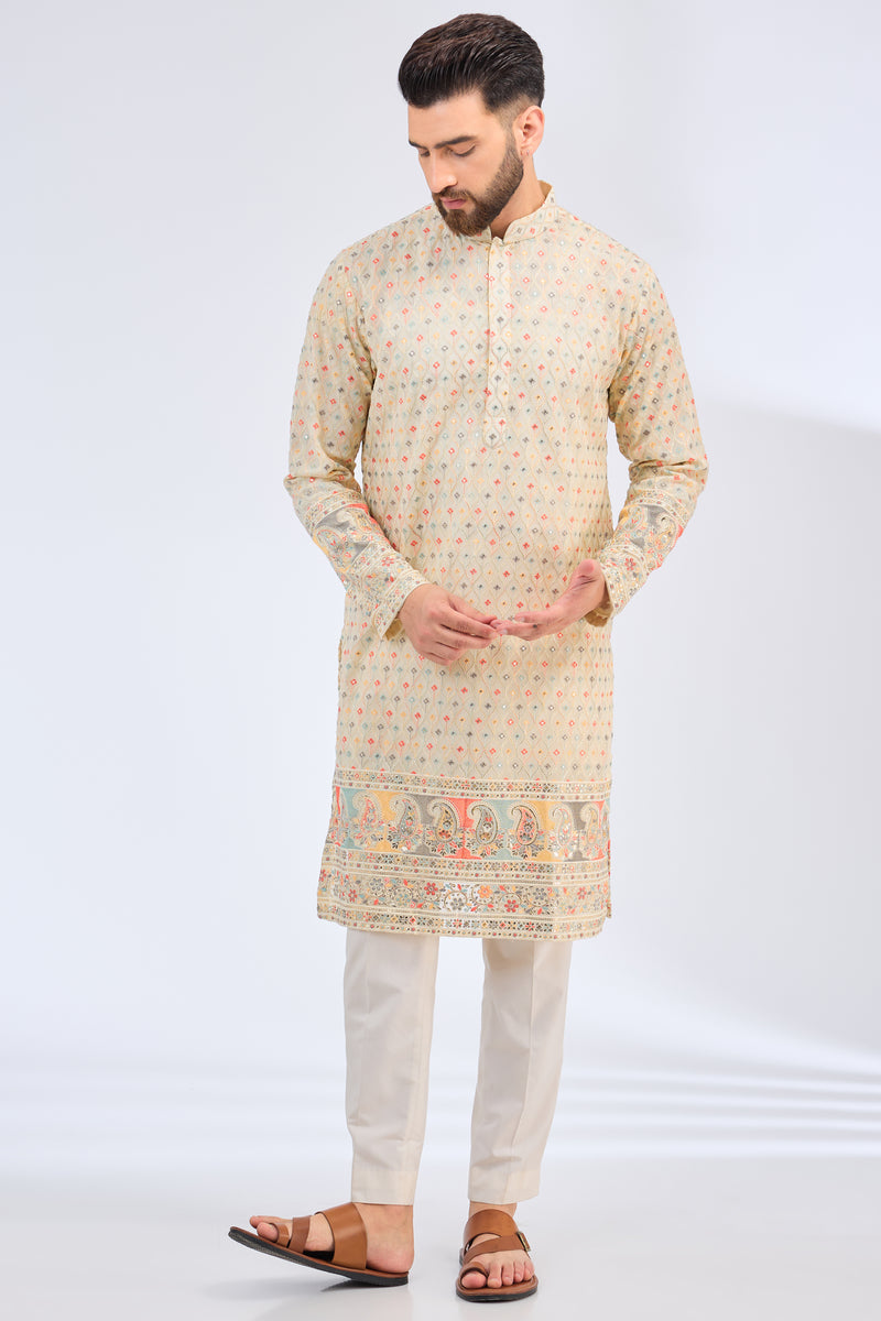 biege-cream multi thread work kurta with paisley motifs - kasbahmen