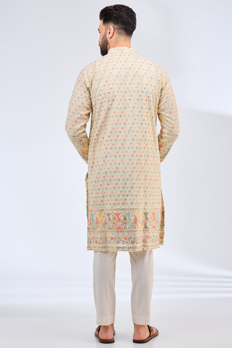 biege-cream multi thread work kurta with paisley motifs - kasbahmen