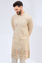 biege-cream multi thread work kurta with paisley motifs - kasbahmen