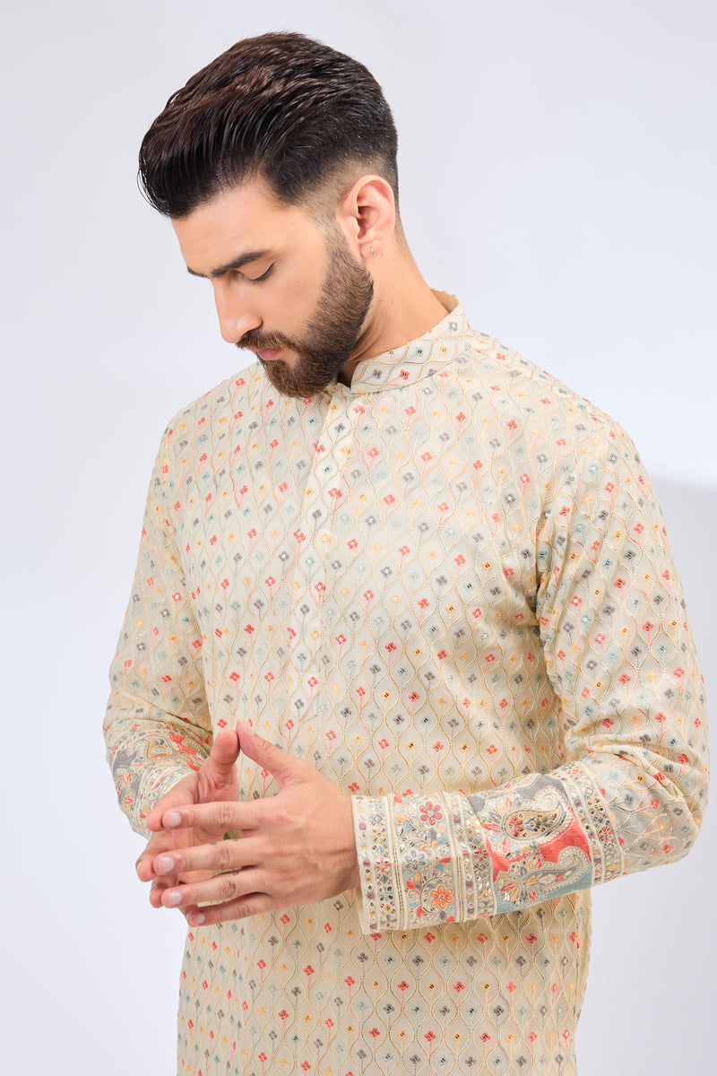 biege-cream multi thread work kurta with paisley motifs - kasbahmen