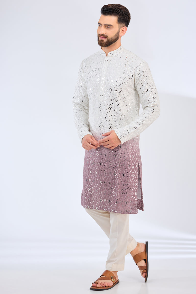 white- mauve ombre shaded mirror work kurta - kasbahmen