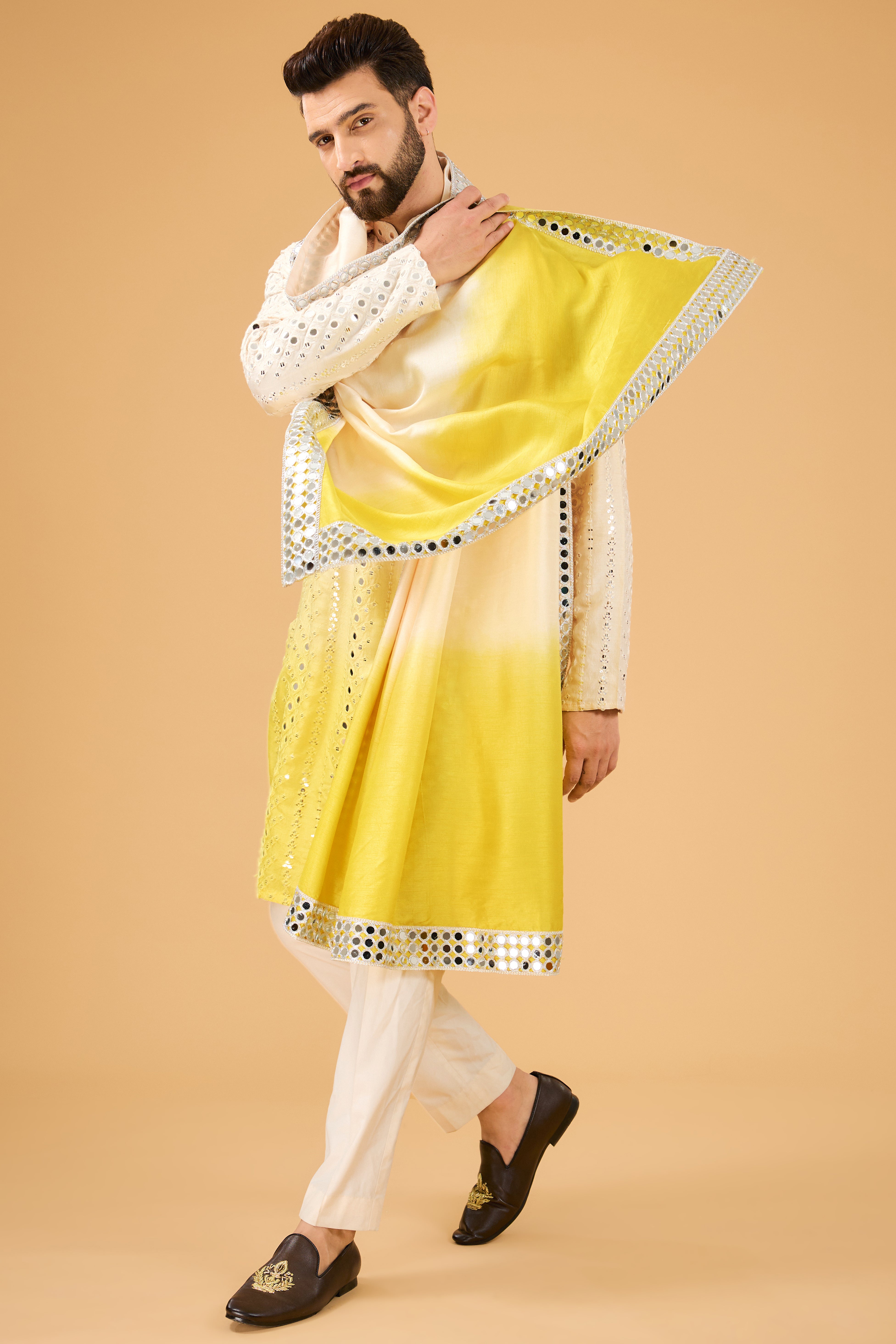 Cream-yellow ombre mirror-work kurta with mirror-work stole. - kasbahmen