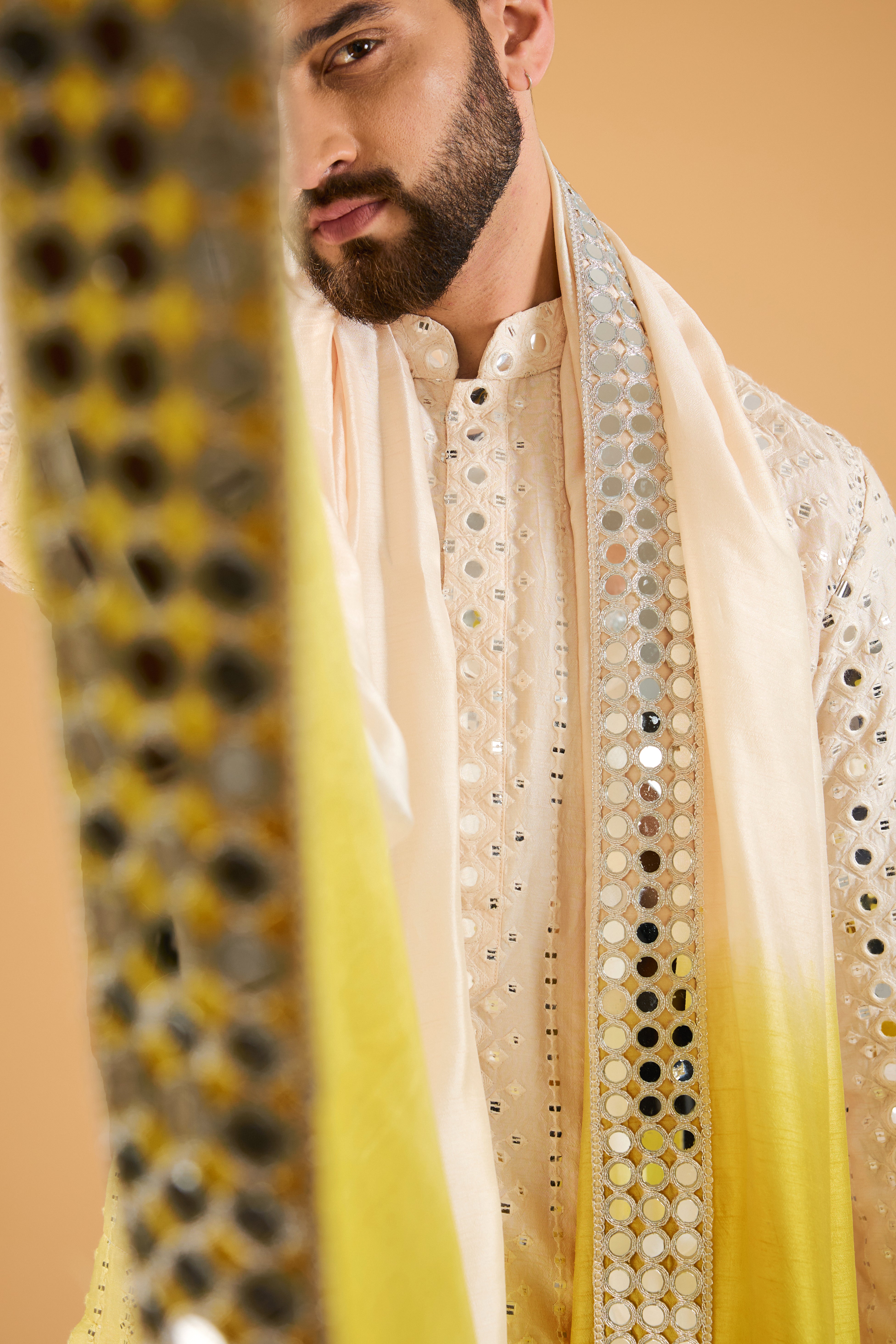 Cream-yellow ombre mirror-work kurta with mirror-work stole. - kasbahmen