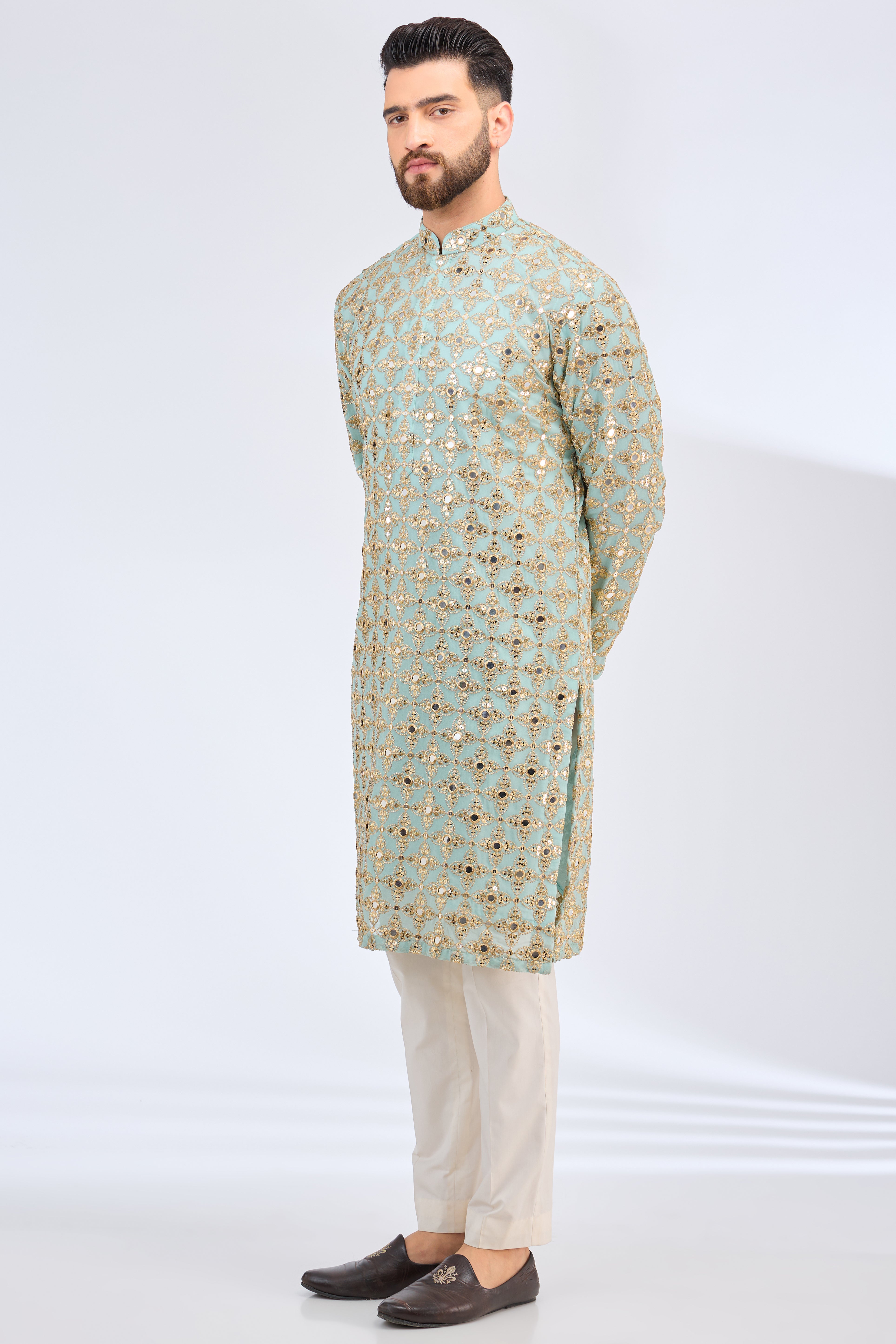 aqua blue mirror work kurta with zari work - kasbahmen