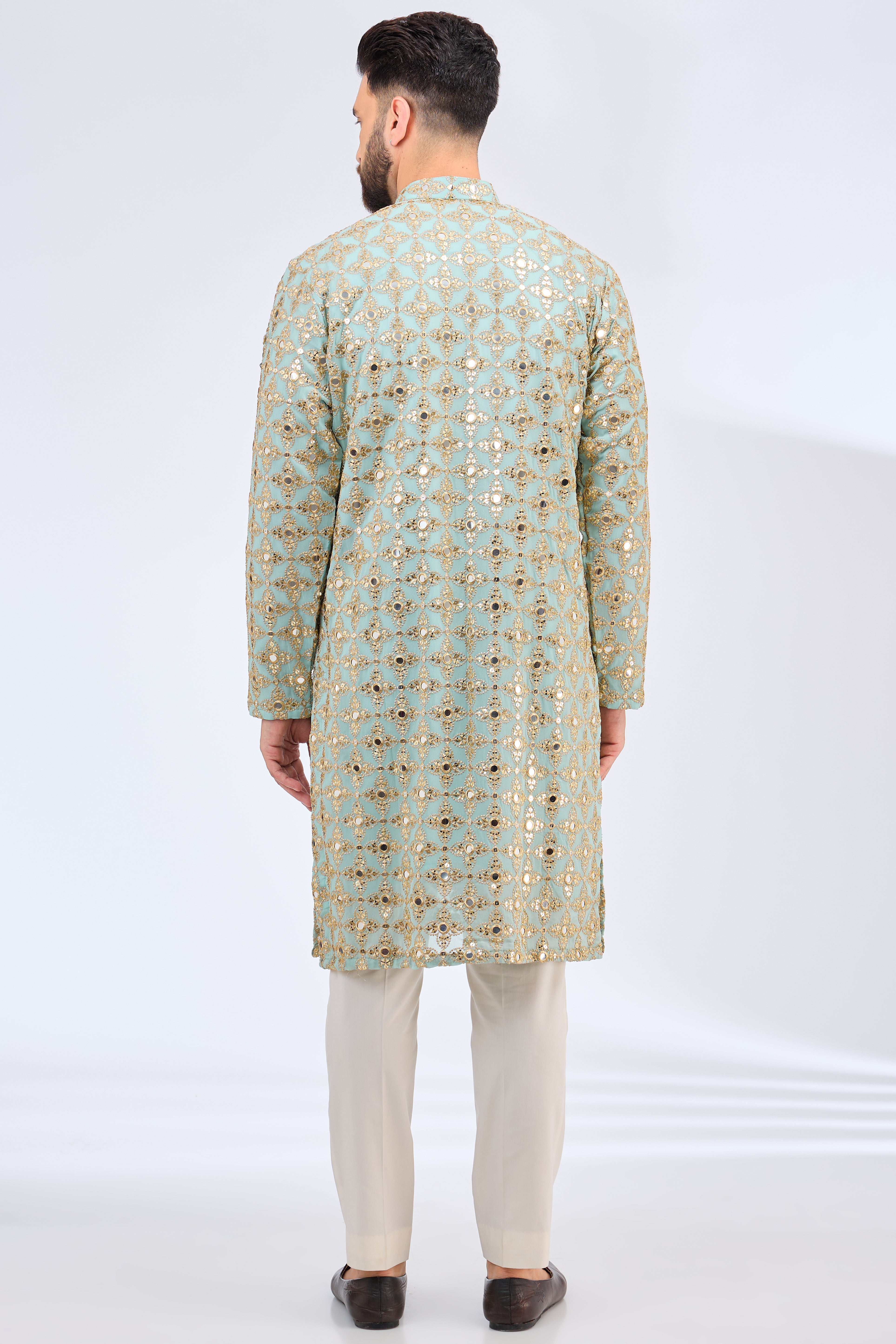 aqua blue mirror work kurta with zari work - kasbahmen