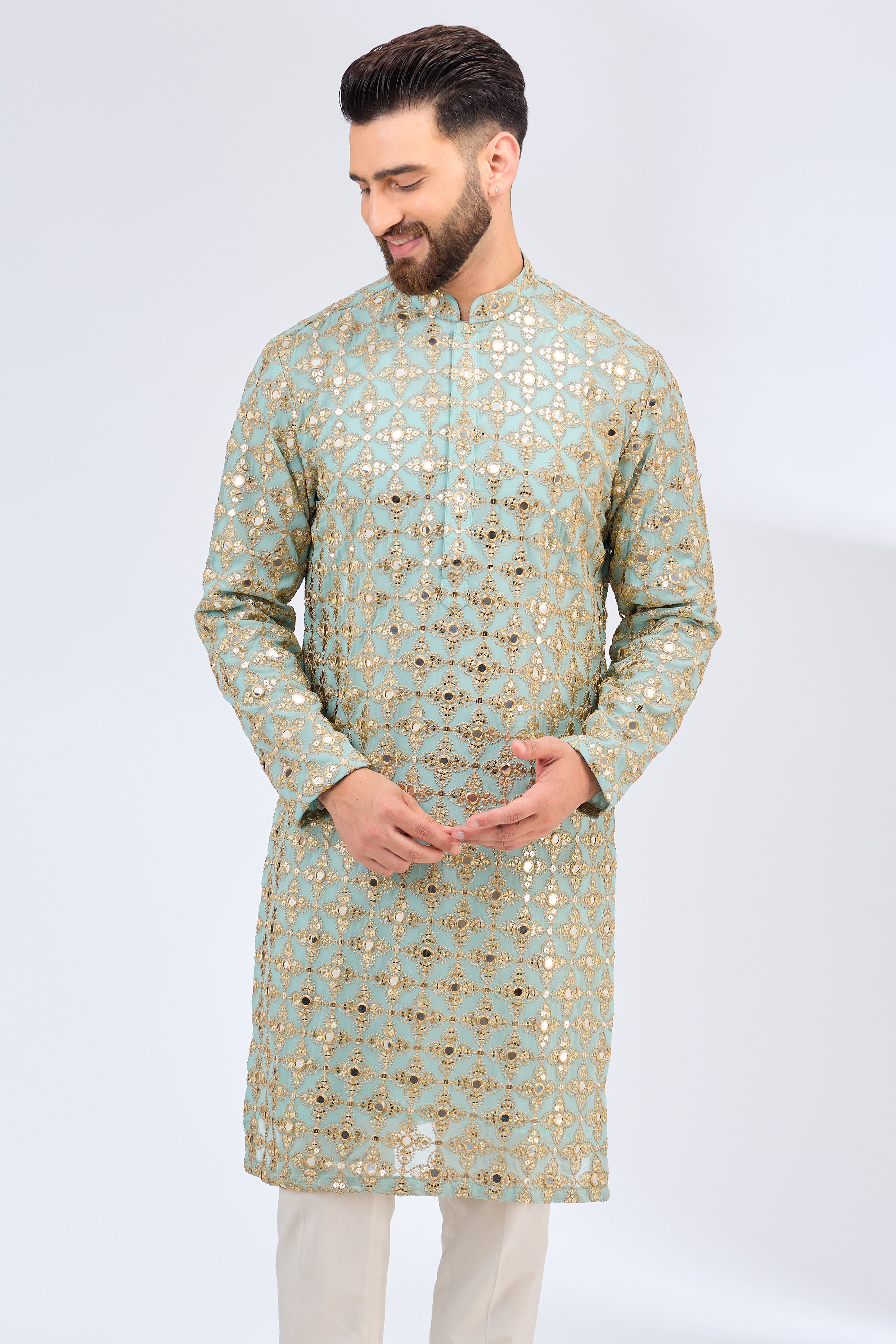 aqua blue mirror work kurta with zari work - kasbahmen