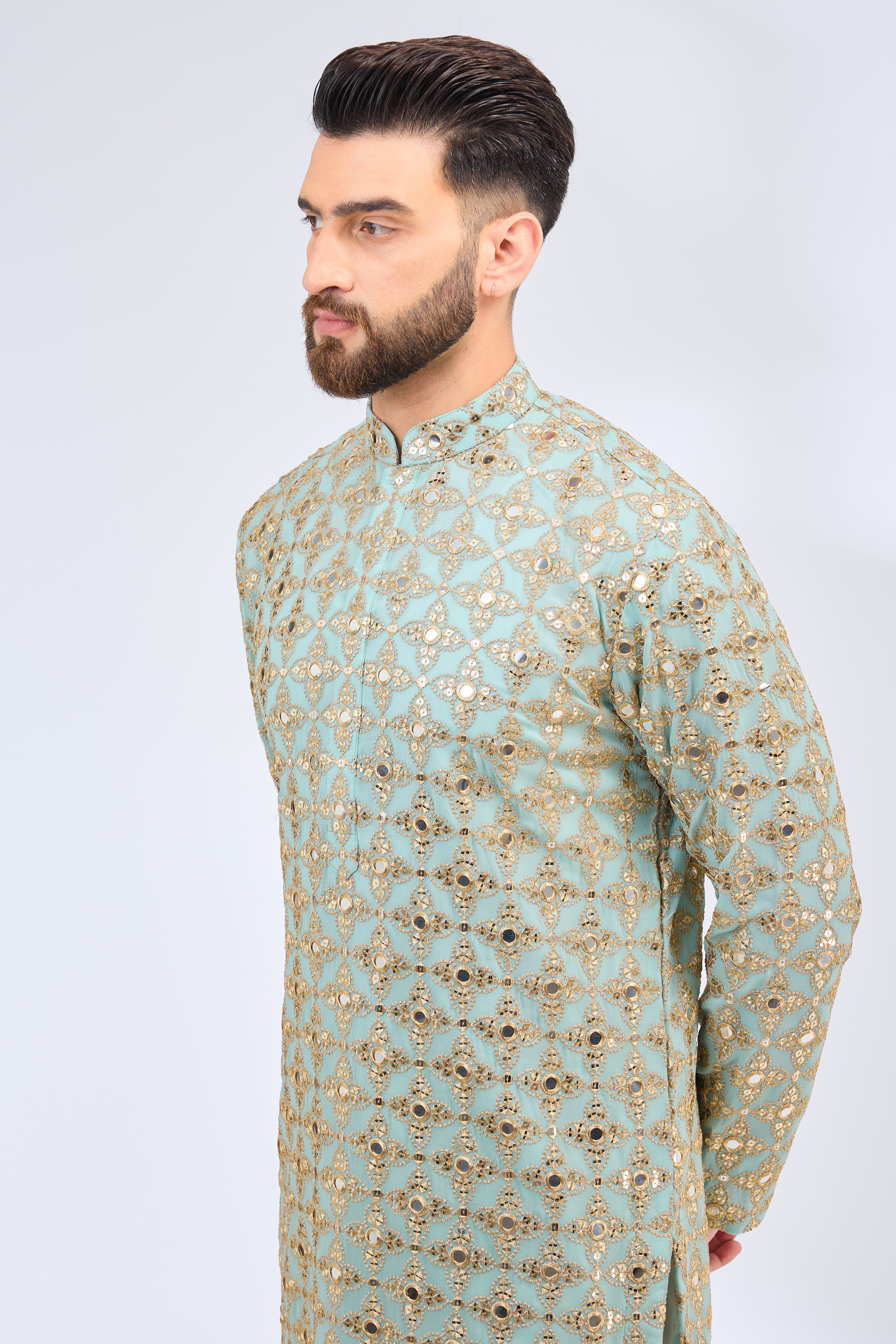 aqua blue mirror work kurta with zari work - kasbahmen