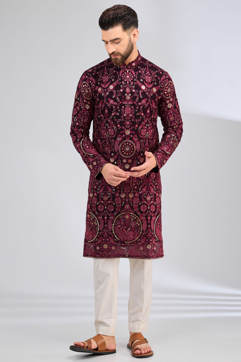 maroon thread work kurta with intricate flora and fauna embroidery - kasbahmen