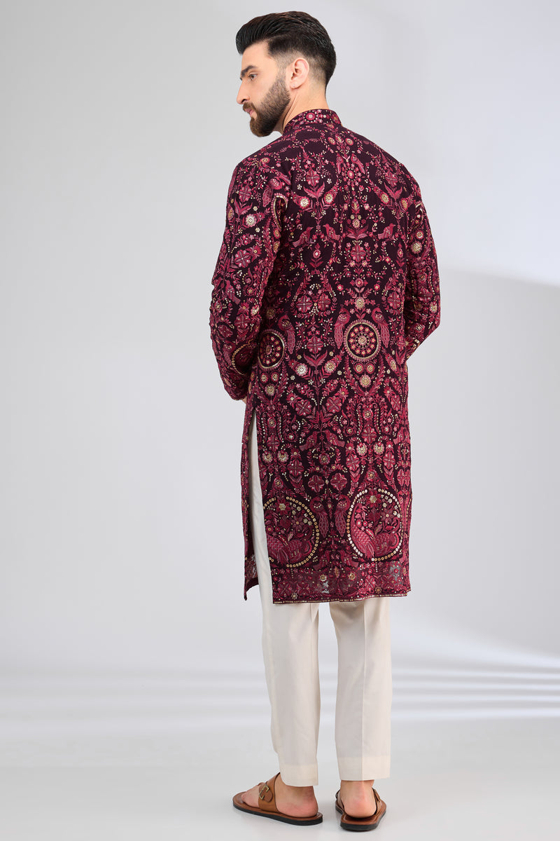 maroon thread work kurta with intricate flora and fauna embroidery - kasbahmen