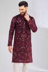 maroon thread work kurta with intricate flora and fauna embroidery - kasbahmen