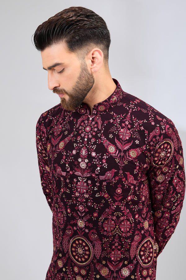 maroon thread work kurta with intricate flora and fauna embroidery - kasbahmen