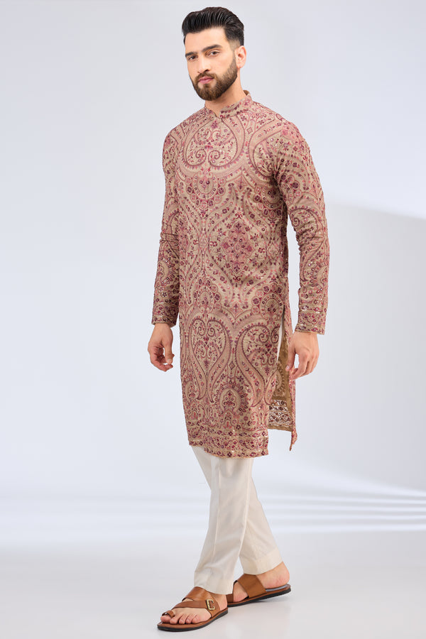 beige kahsmiri embroidried chikankari kurta - kasbahmen