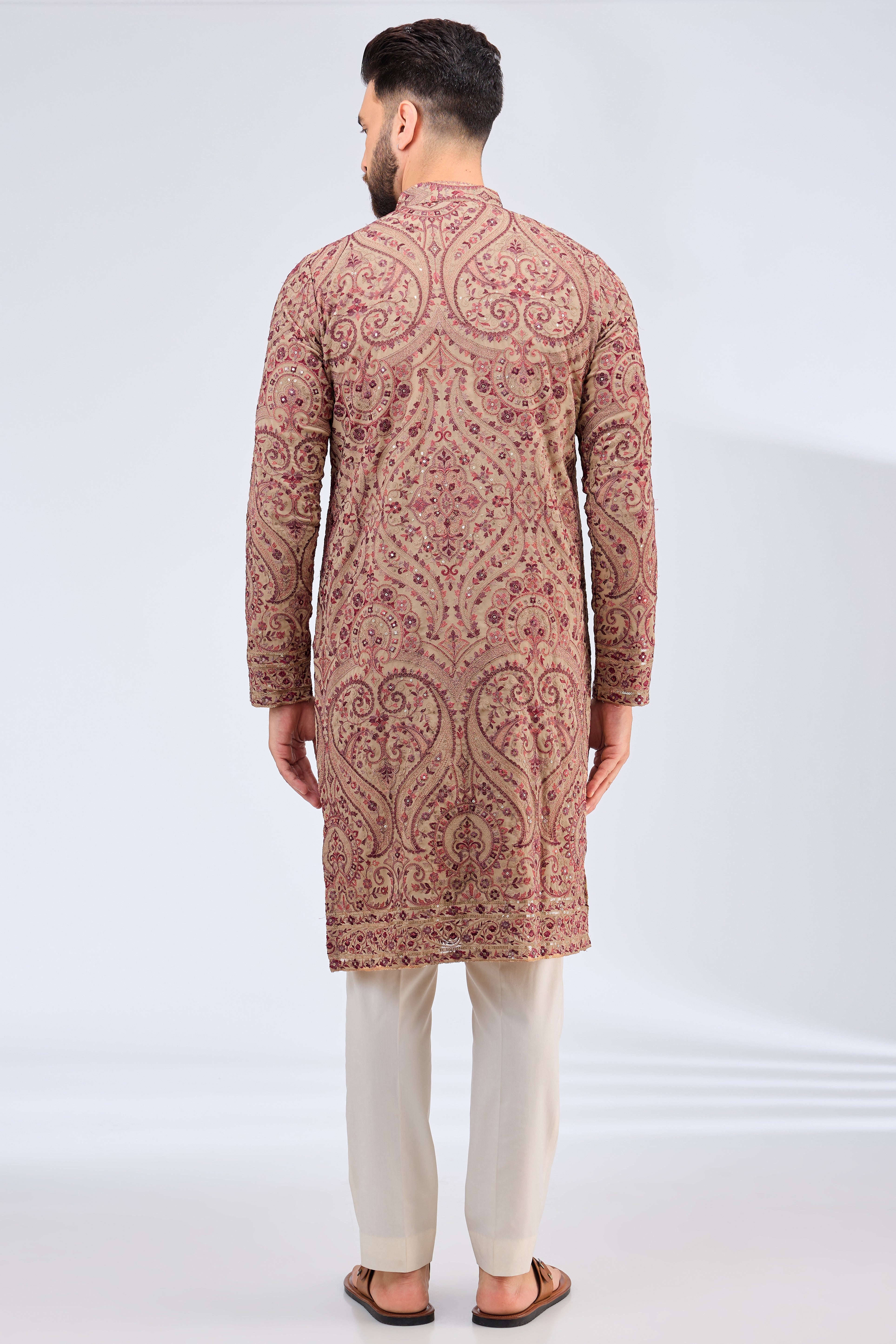 beige kahsmiri embroidried chikankari kurta - kasbahmen