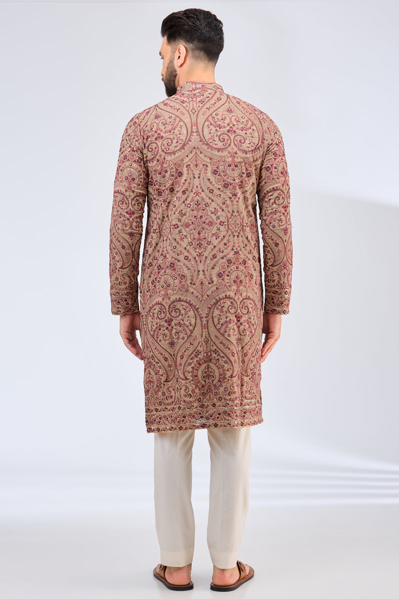 beige kahsmiri embroidried chikankari kurta - kasbahmen