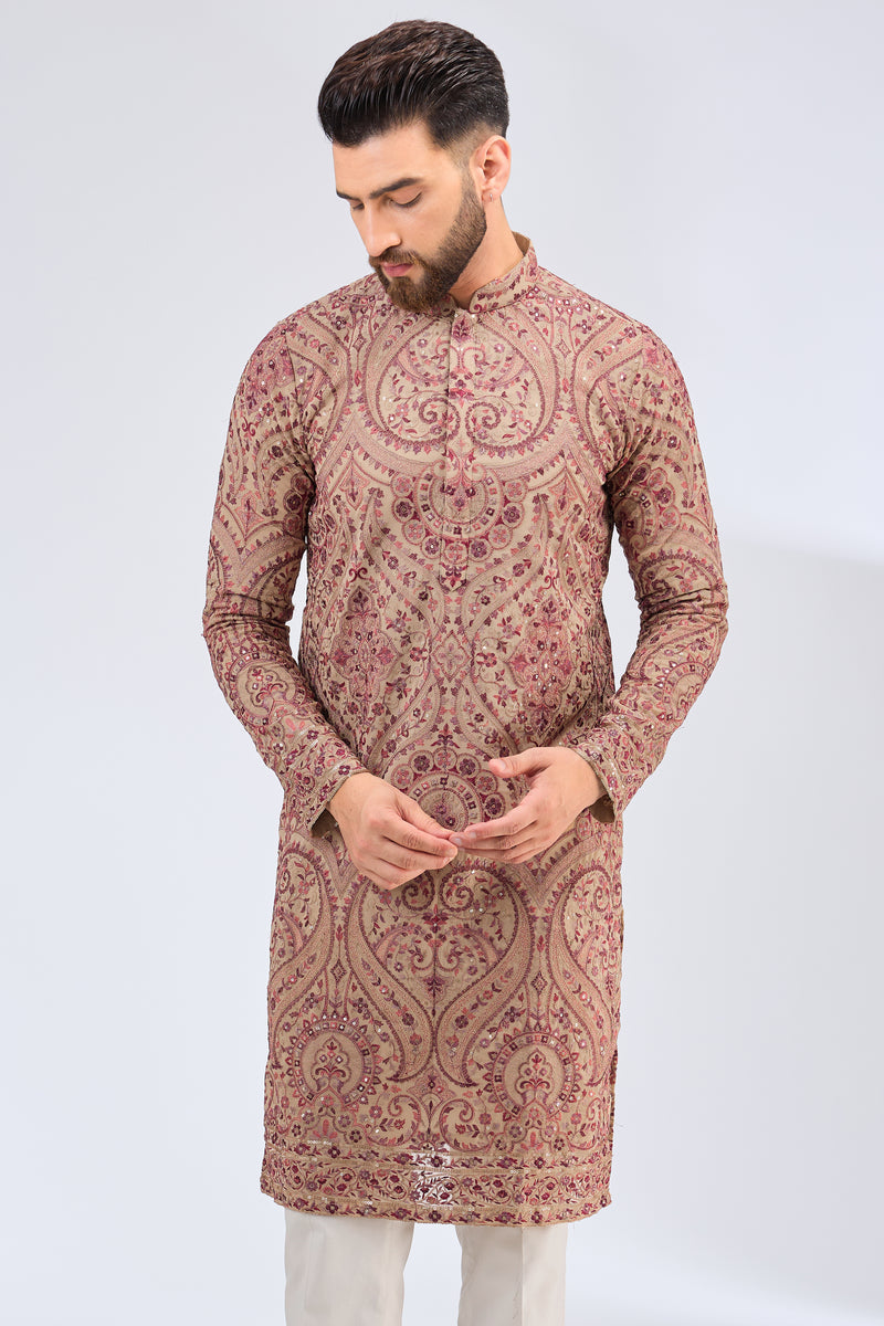 beige kahsmiri embroidried chikankari kurta - kasbahmen