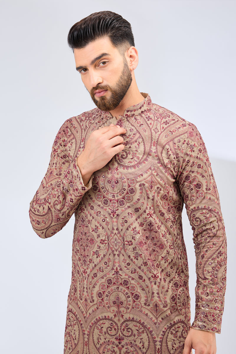 beige kahsmiri embroidried chikankari kurta - kasbahmen