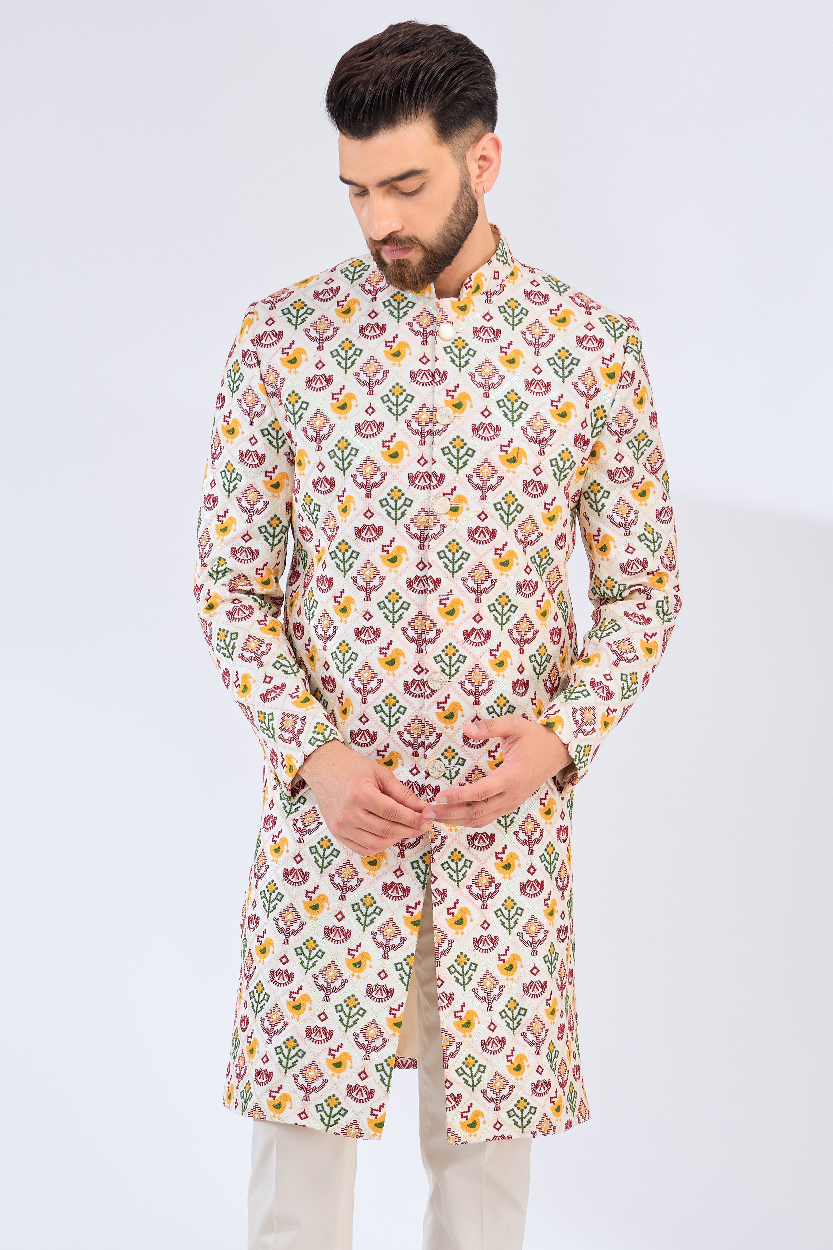 white multi thread work phulkhari sherwani - kasbahmen