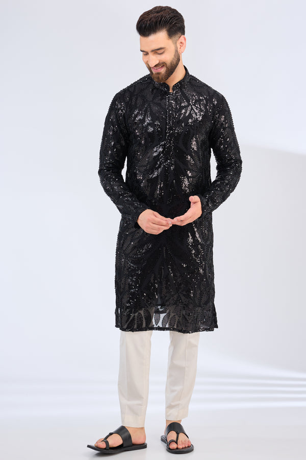 signature black sequined kurta with intricate cut dana work - kasbahmen