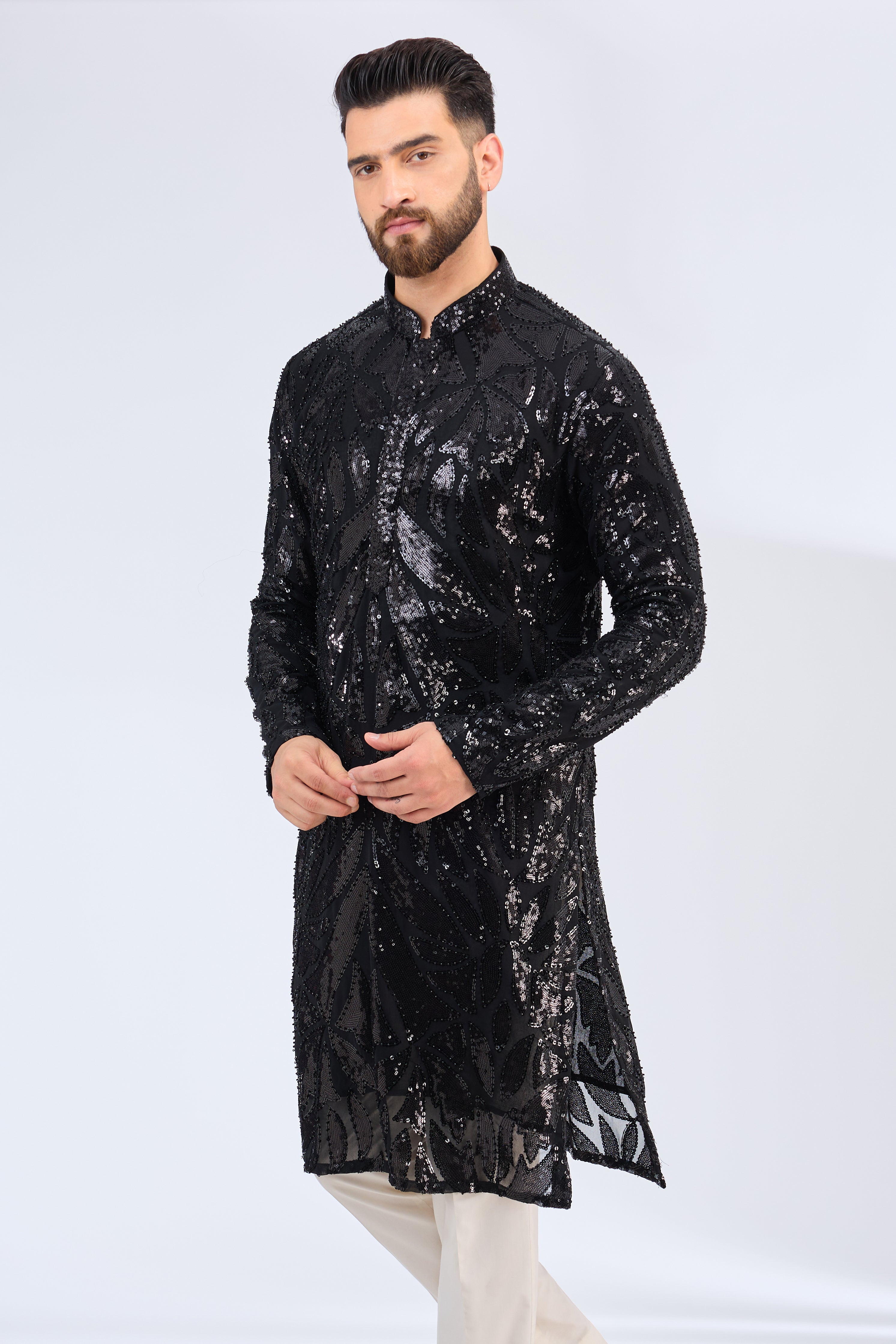 signature black sequined kurta with intricate cut dana work - kasbahmen