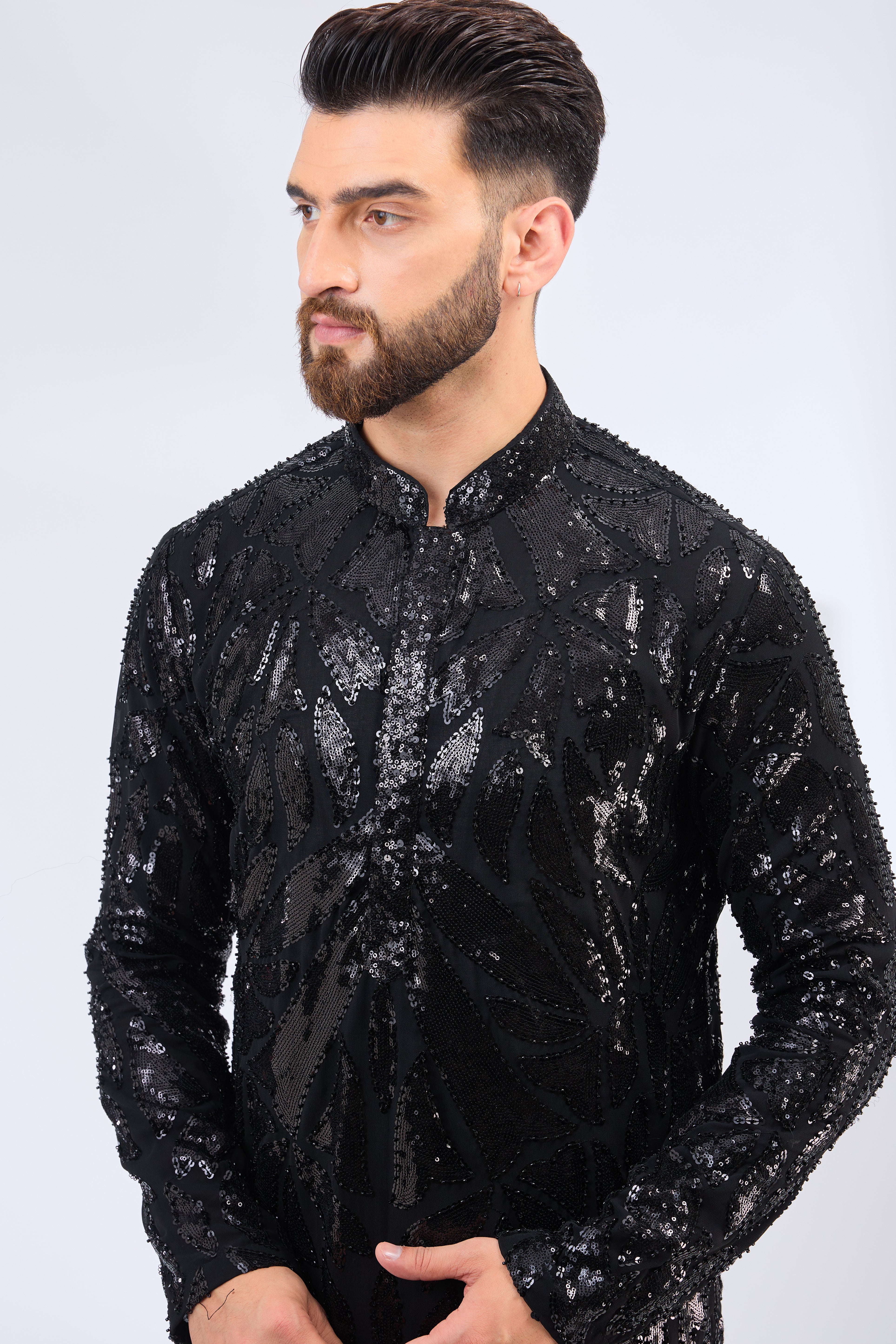 signature black sequined kurta with intricate cut dana work - kasbahmen