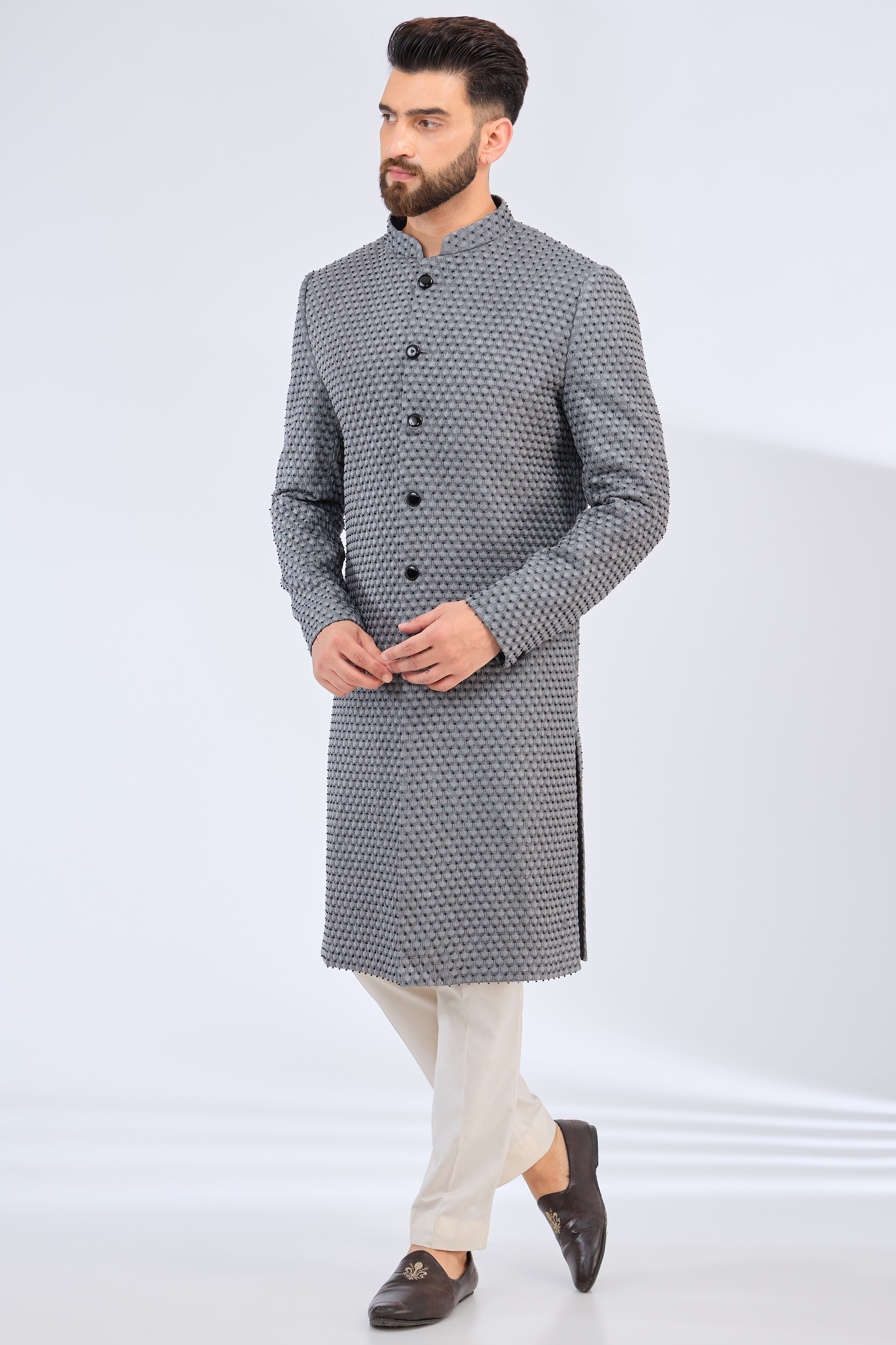 grey silk sherwani with cut dana work - kasbahmen