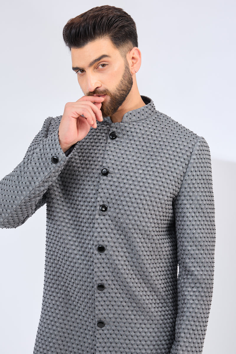 grey silk sherwani with cut dana work - kasbahmen