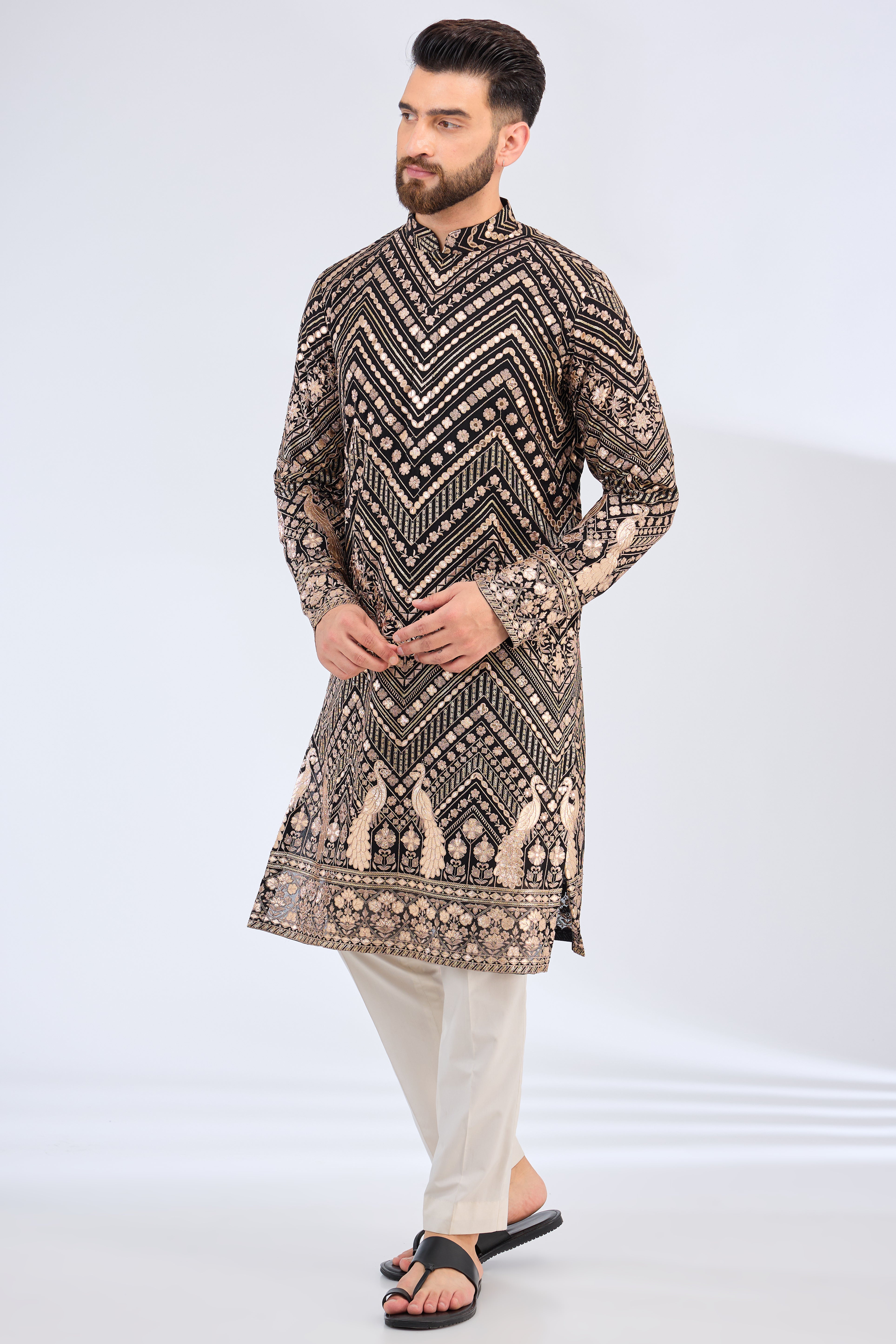 black leather patchwork kurta with peacock motifs - kasbahmen