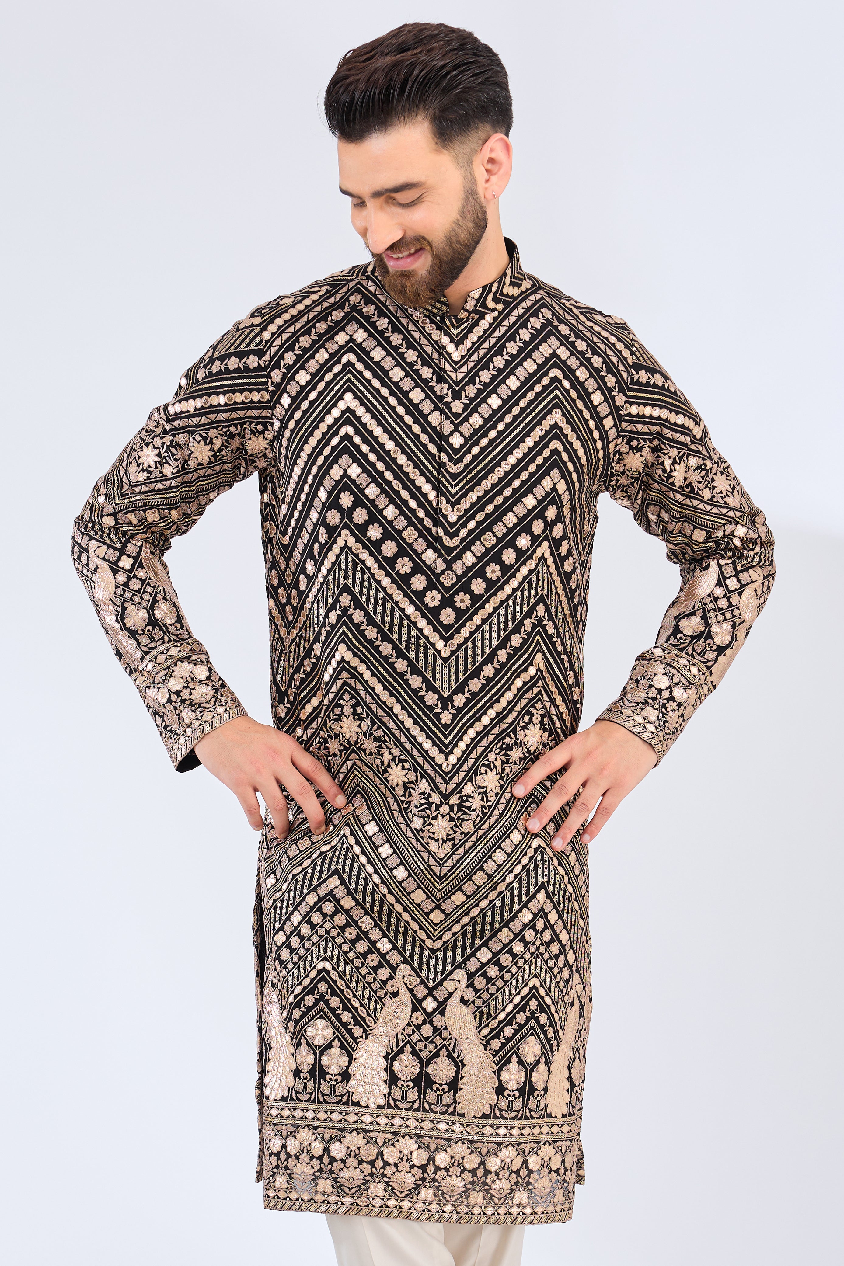 black leather patchwork kurta with peacock motifs - kasbahmen