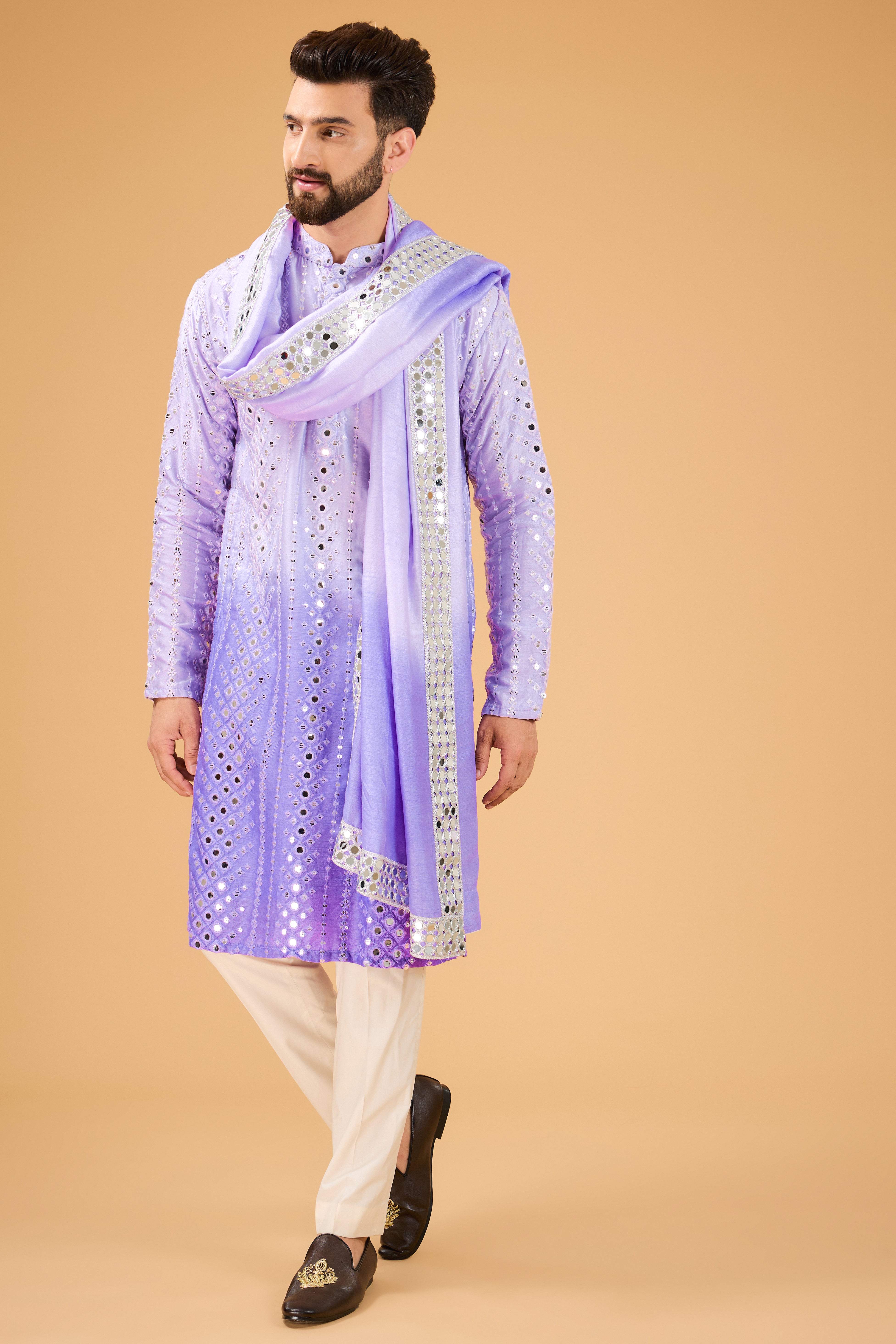 Purple ombre shaded mirror-work kurta with mirror-work stole. - kasbahmen