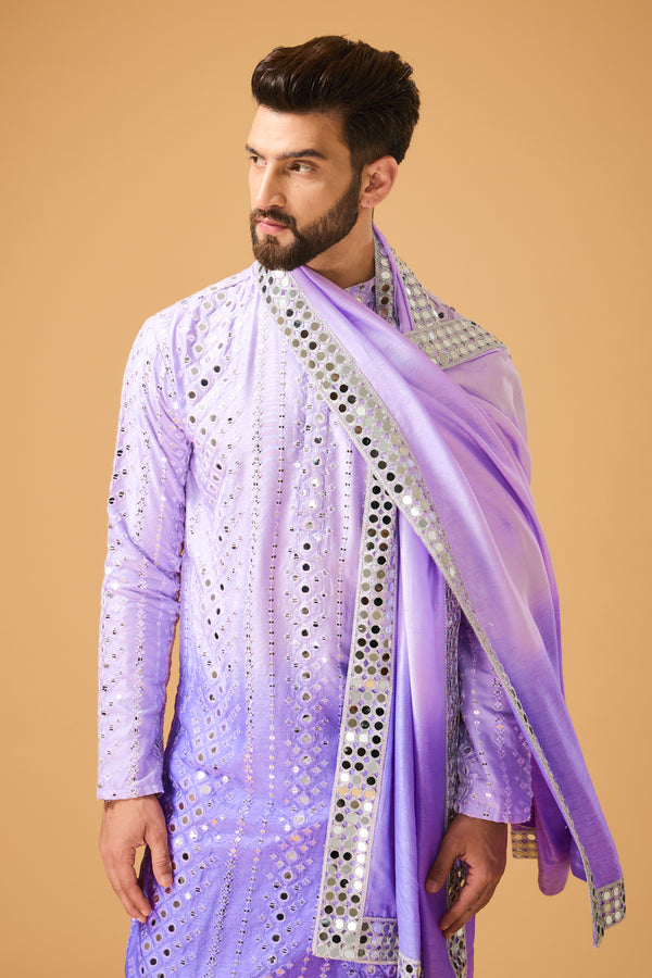 Purple ombre shaded mirror-work kurta with mirror-work stole.