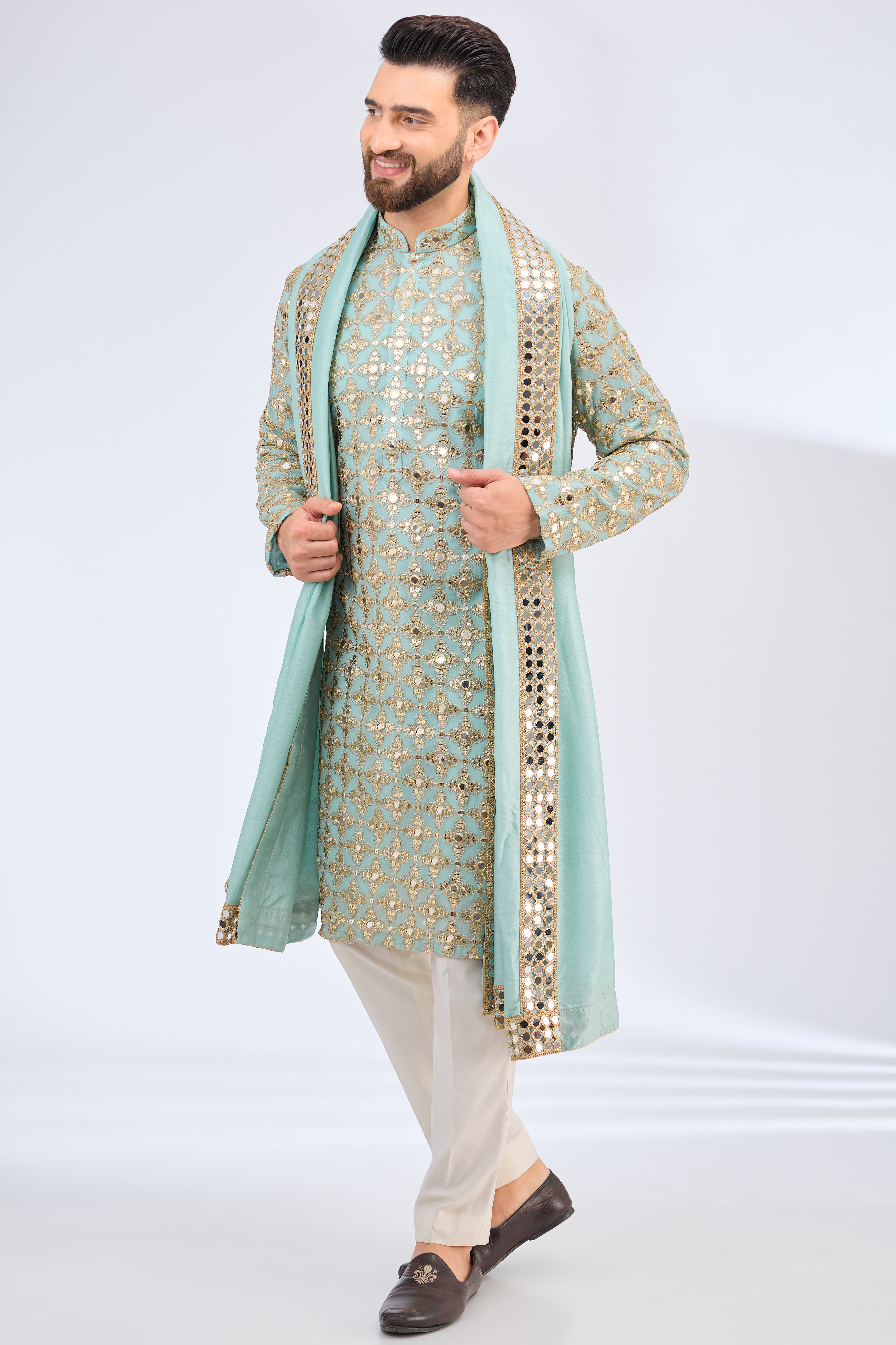 aqua blue mirror work kurta with zari work paired with mirror work stole - kasbahmen