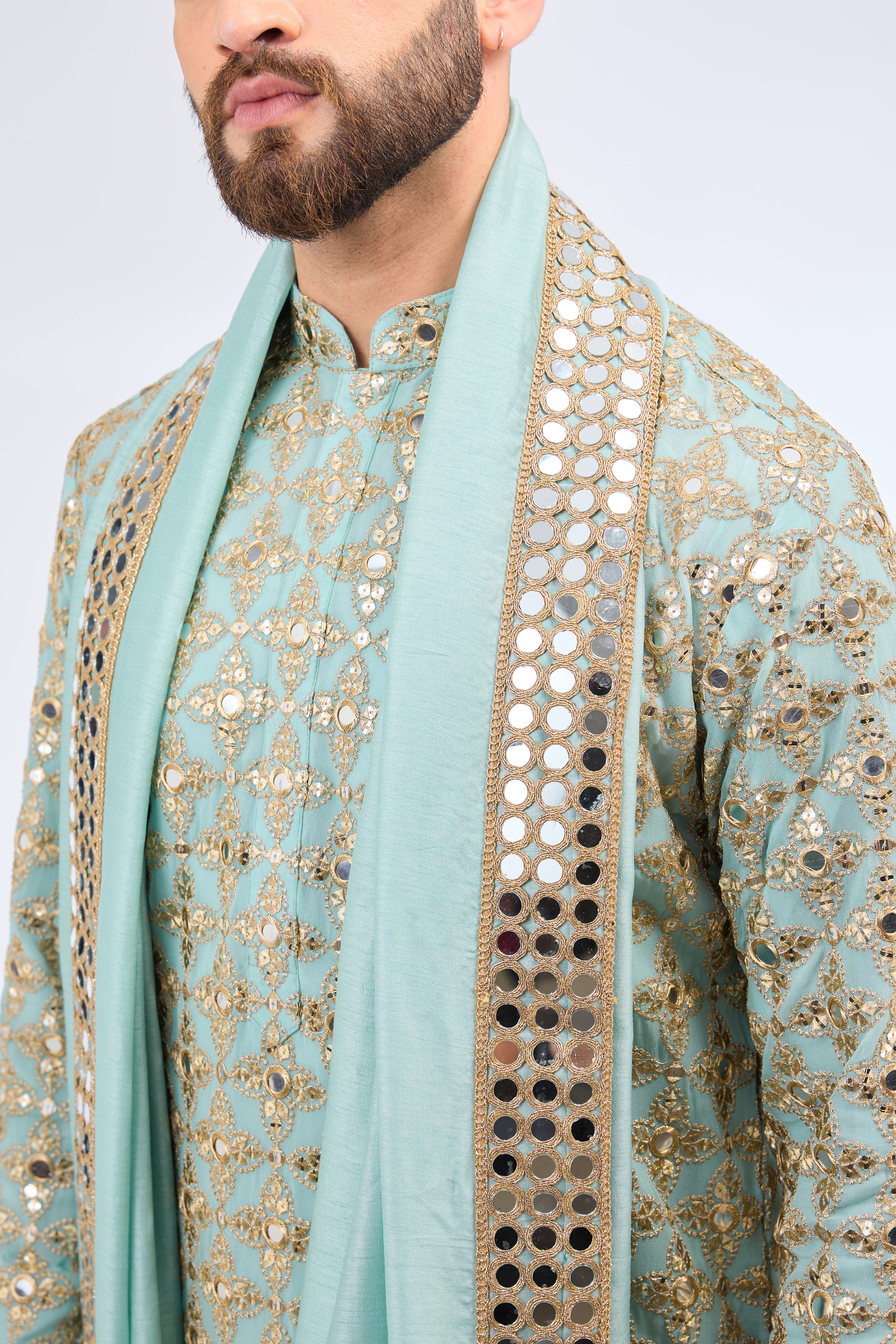 aqua blue mirror work kurta with zari work paired with mirror work stole - kasbahmen