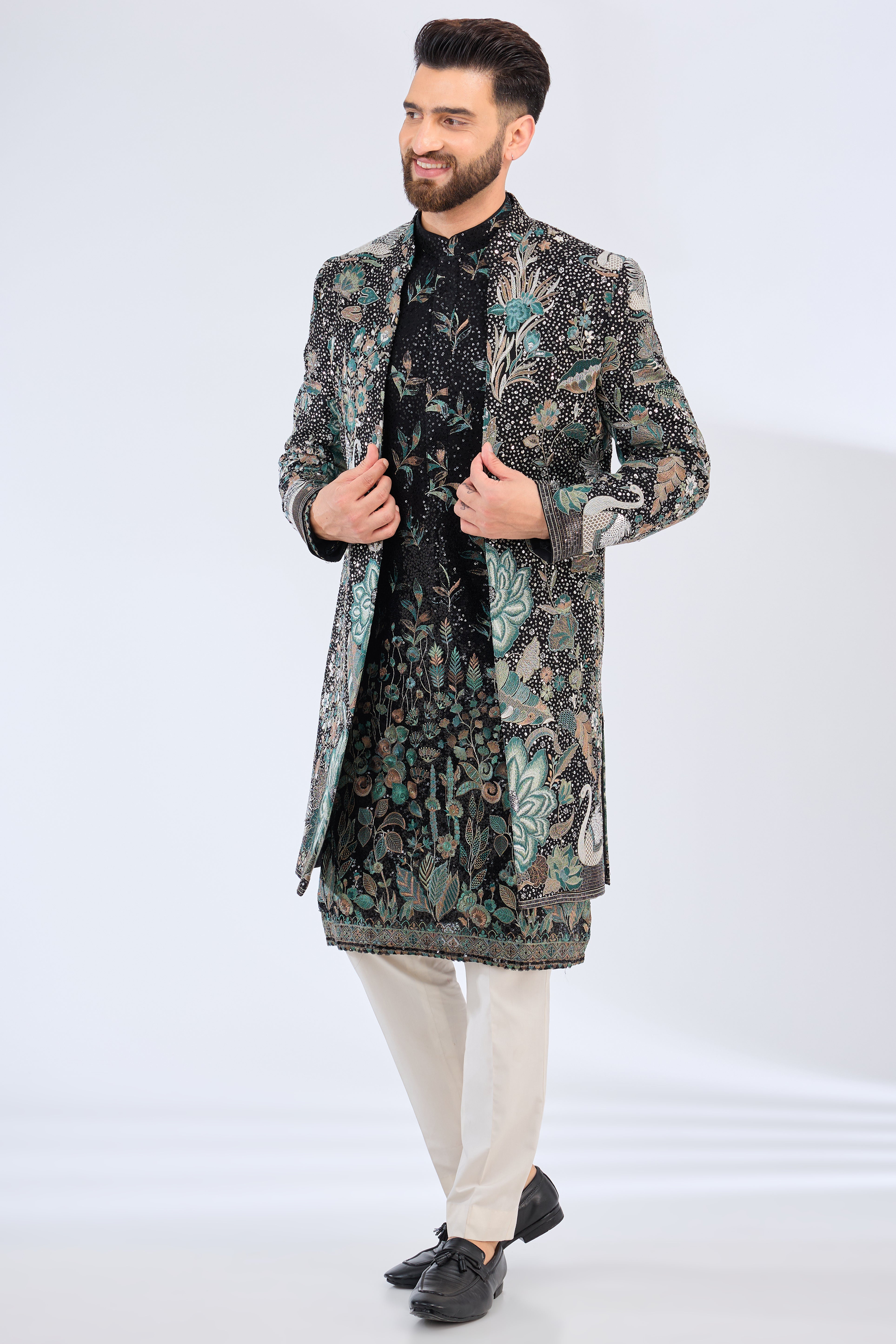 black long open indowestern with intricate flora and fauna embroidery - kasbahmen