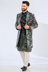 black long open indowestern with intricate flora and fauna embroidery - kasbahmen