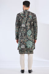 black long open indowestern with intricate flora and fauna embroidery - kasbahmen