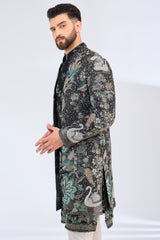 black long open indowestern with intricate flora and fauna embroidery - kasbahmen