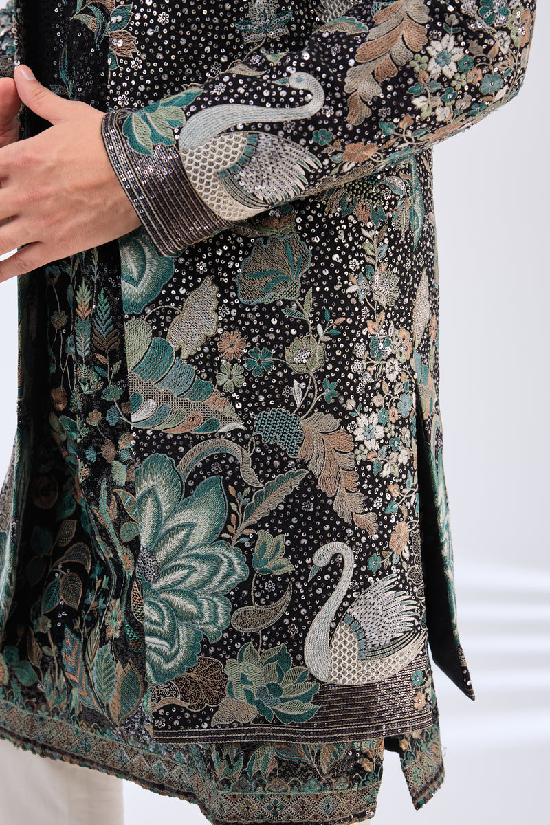 black long open indowestern with intricate flora and fauna embroidery - kasbahmen