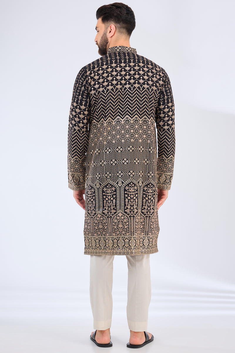 black kurta featuring detailed zari work - kasbahmen