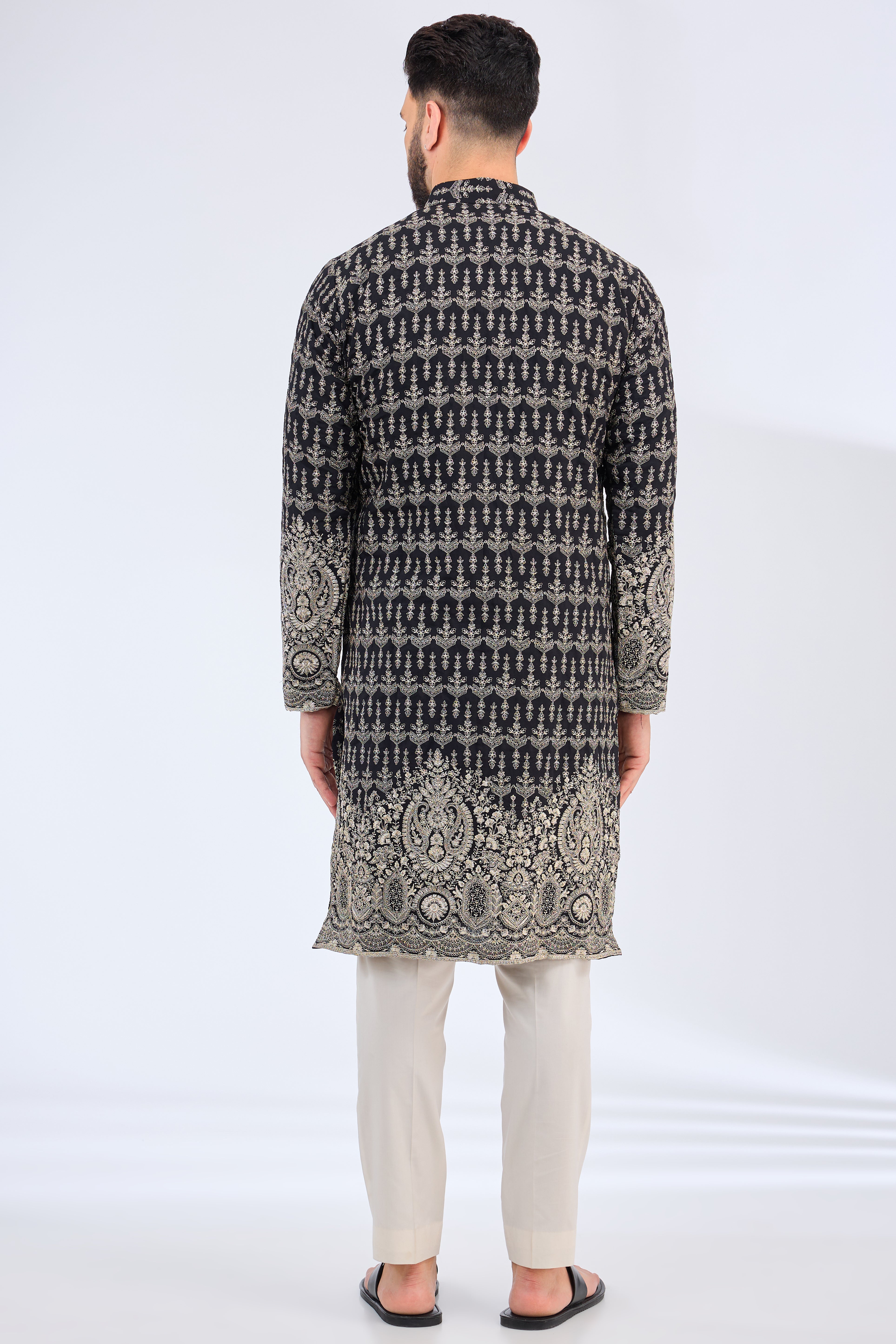 black kurta featuring detailed zari work - kasbahmen