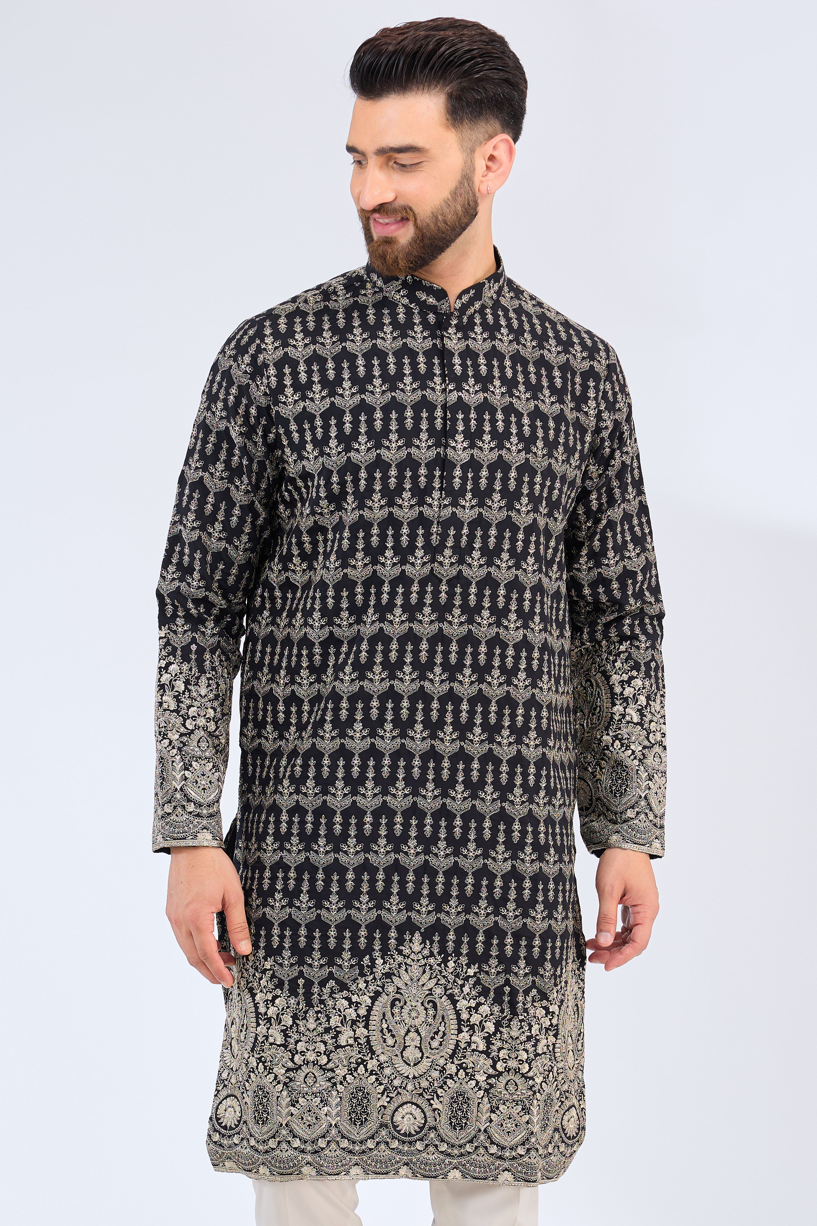 black kurta featuring detailed zari work - kasbahmen