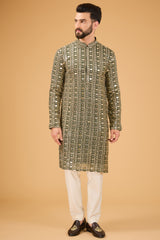 Military green mirror-work kurta with detailed golden zari-work - kasbahmen