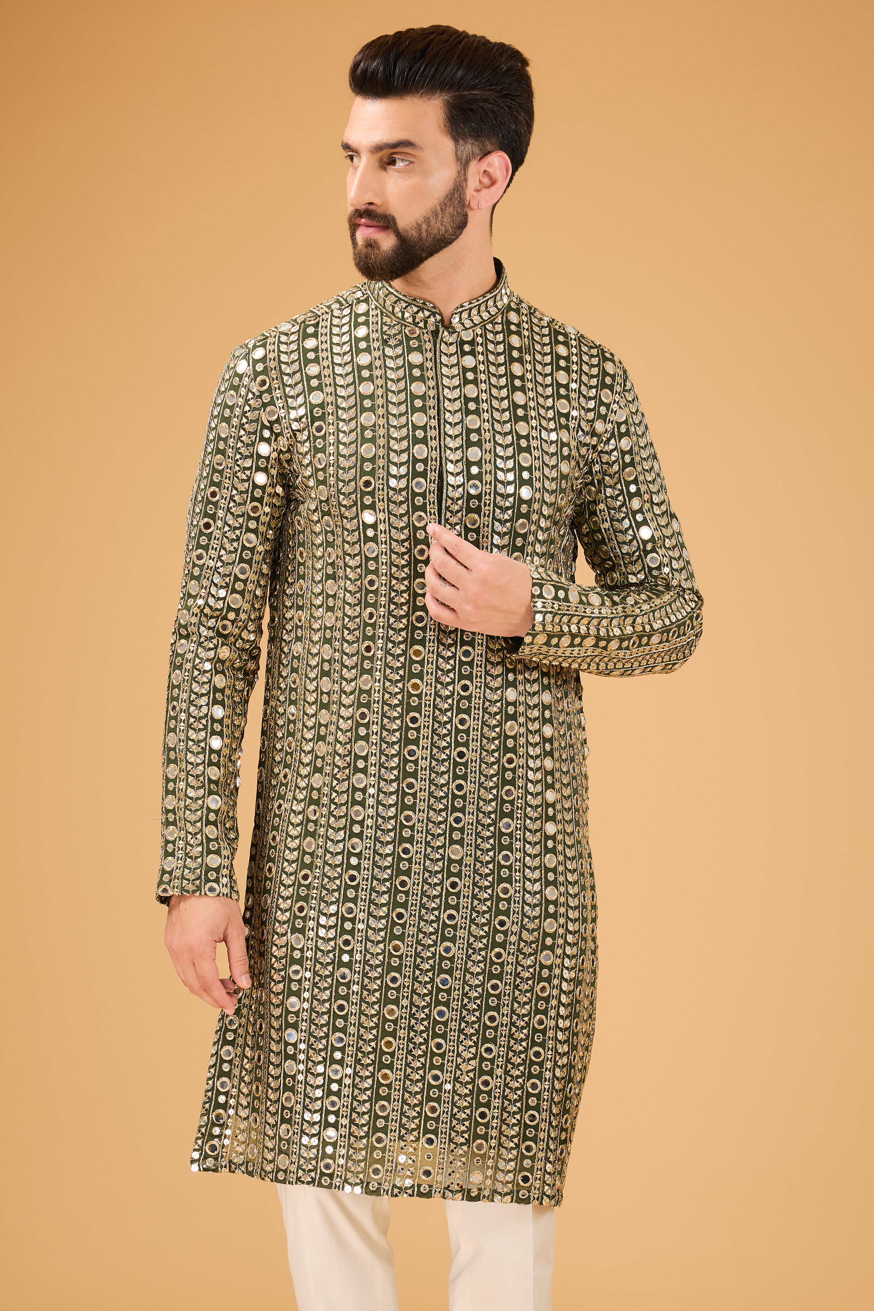 Military green mirror-work kurta with detailed golden zari-work - kasbahmen