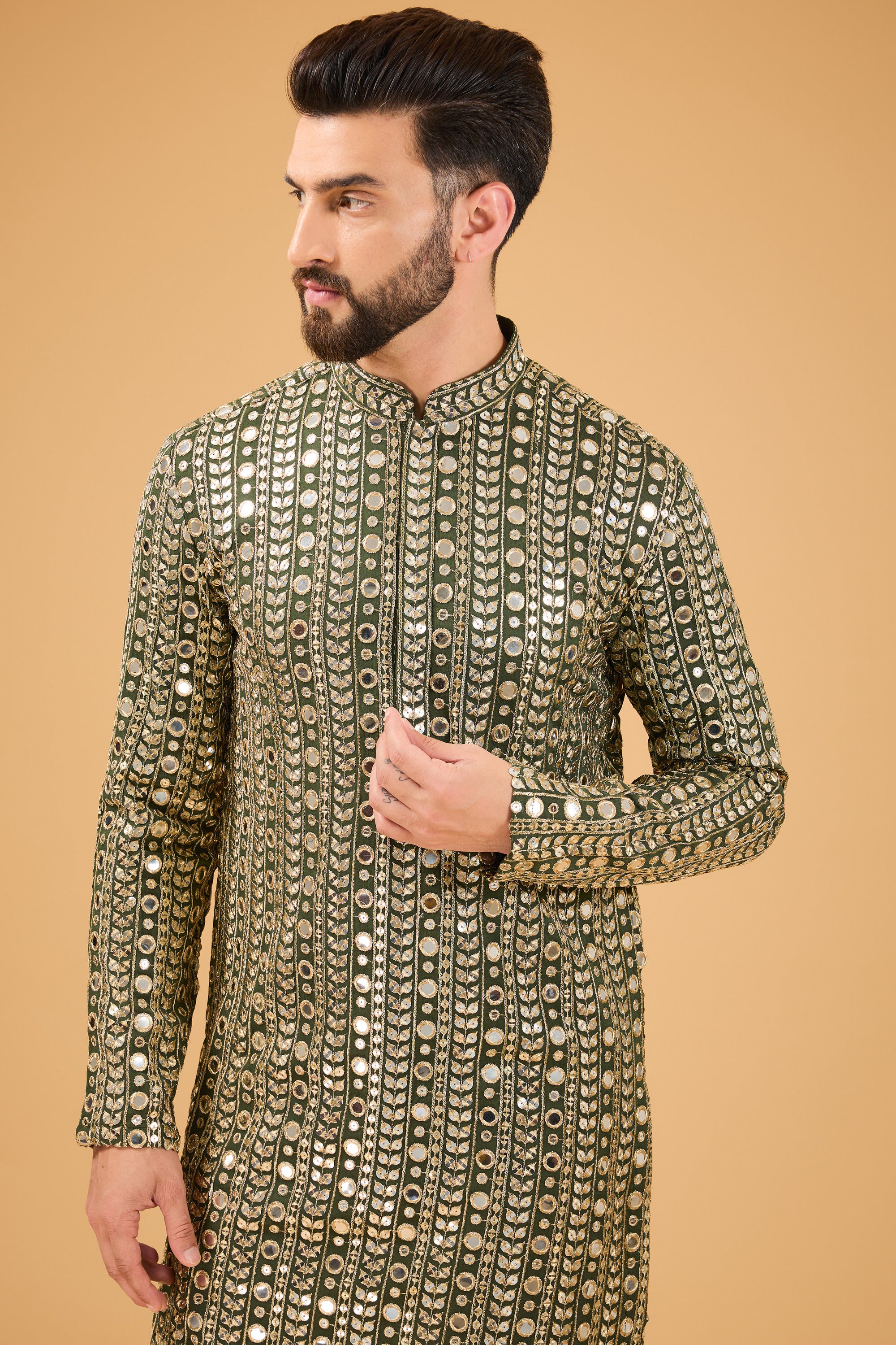 Military green mirror-work kurta with detailed golden zari-work - kasbahmen